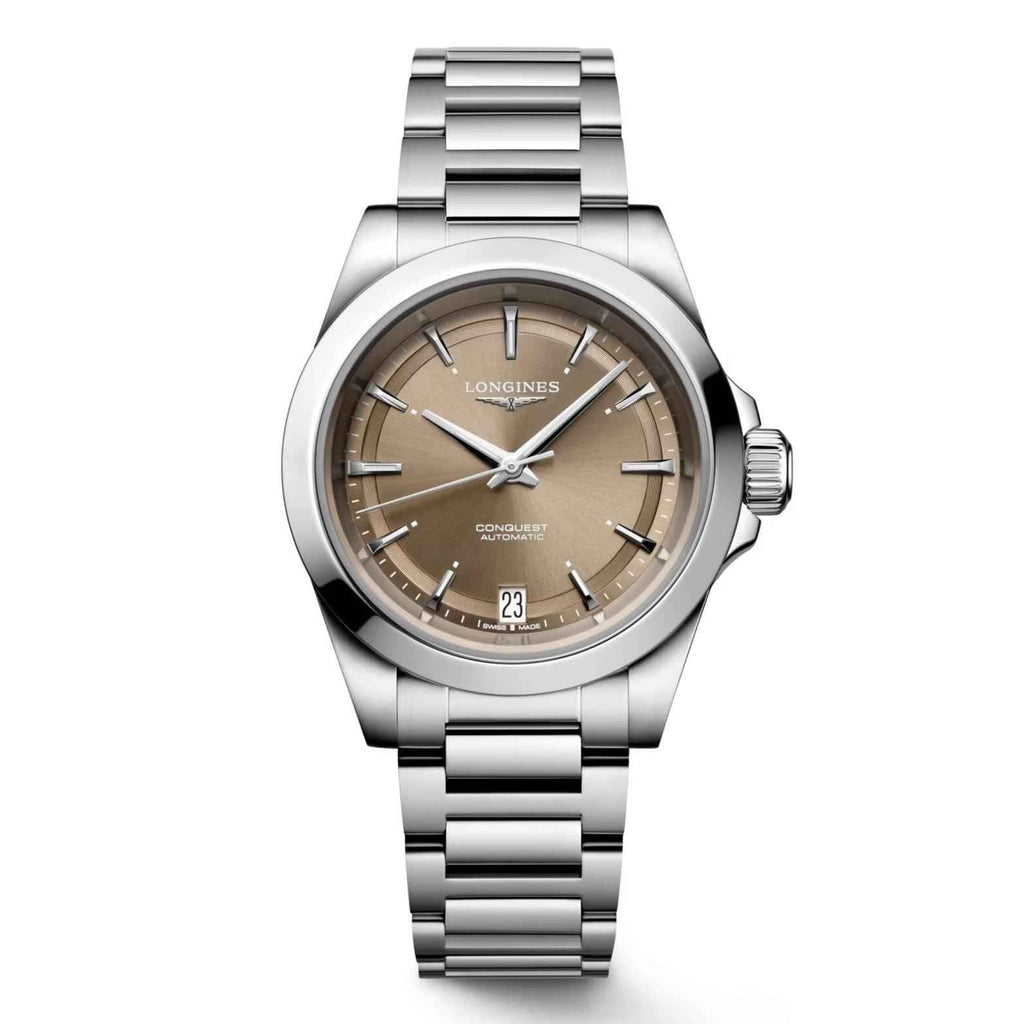 Orologio Longines Conquest 34 mm marrone, bracciale in acciaio, datario 23