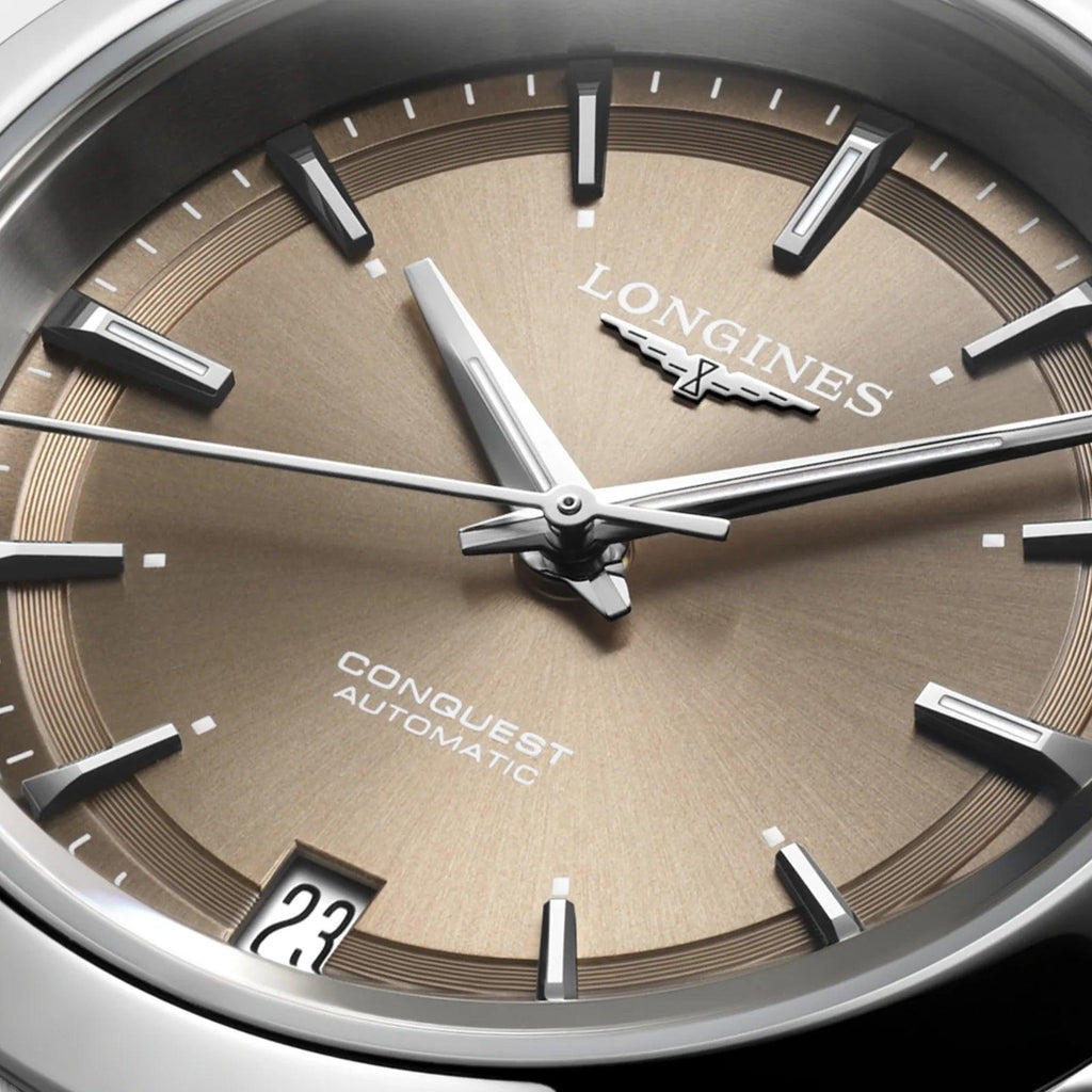 Orologio Longines Conquest 34mm: quadrante marrone, indici e lancette acciaio