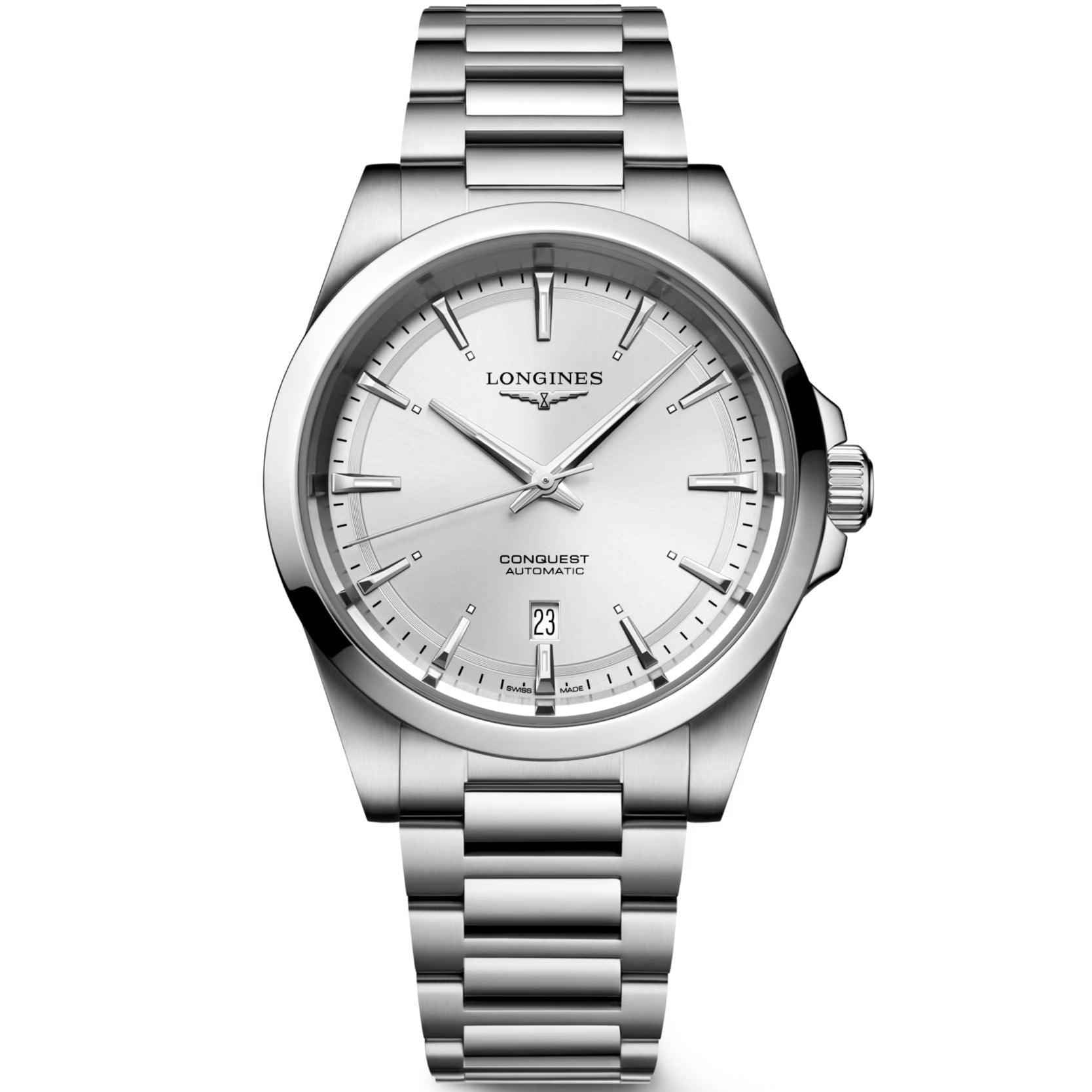 Orologio Longines Conquest 41 mm in acciaio, quadrante bianco con datario 23