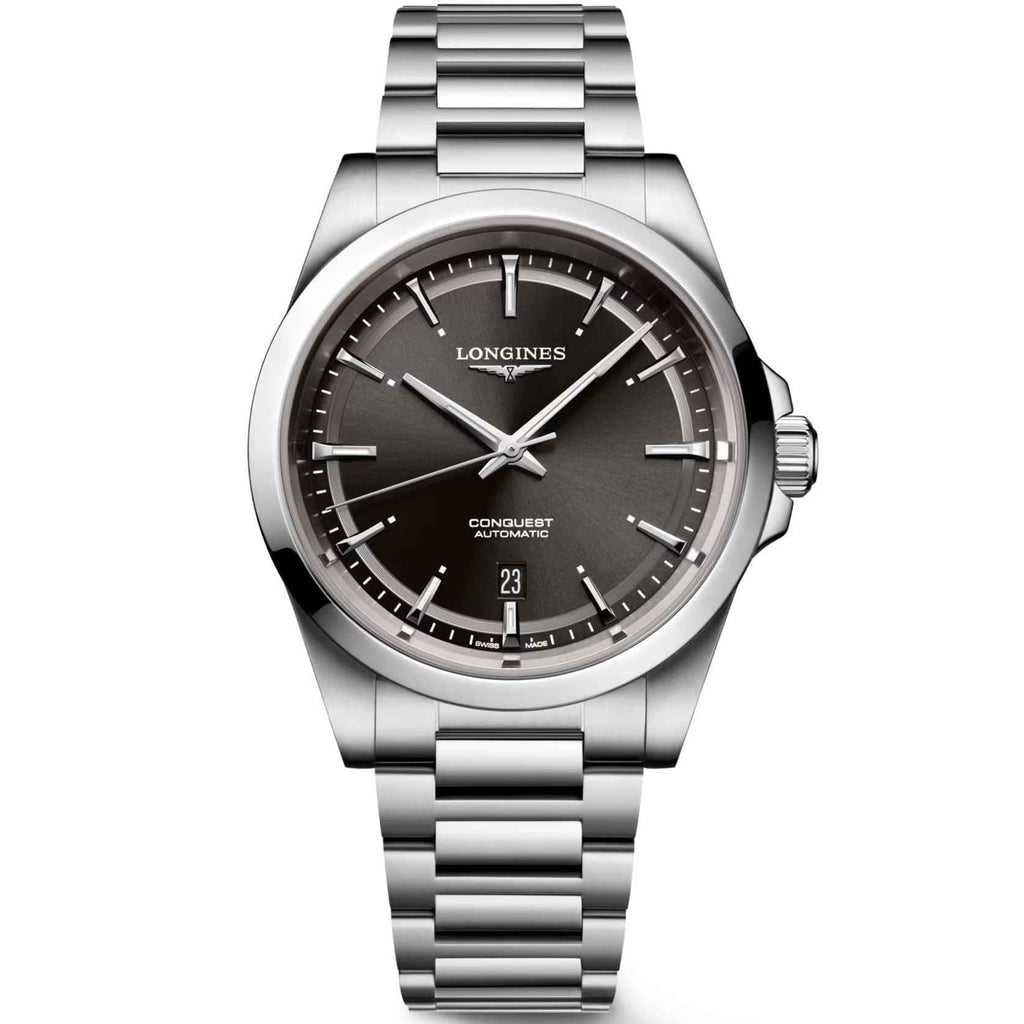 Orologio automatico Longines Conquest nero, bracciale in acciaio e datario 23
