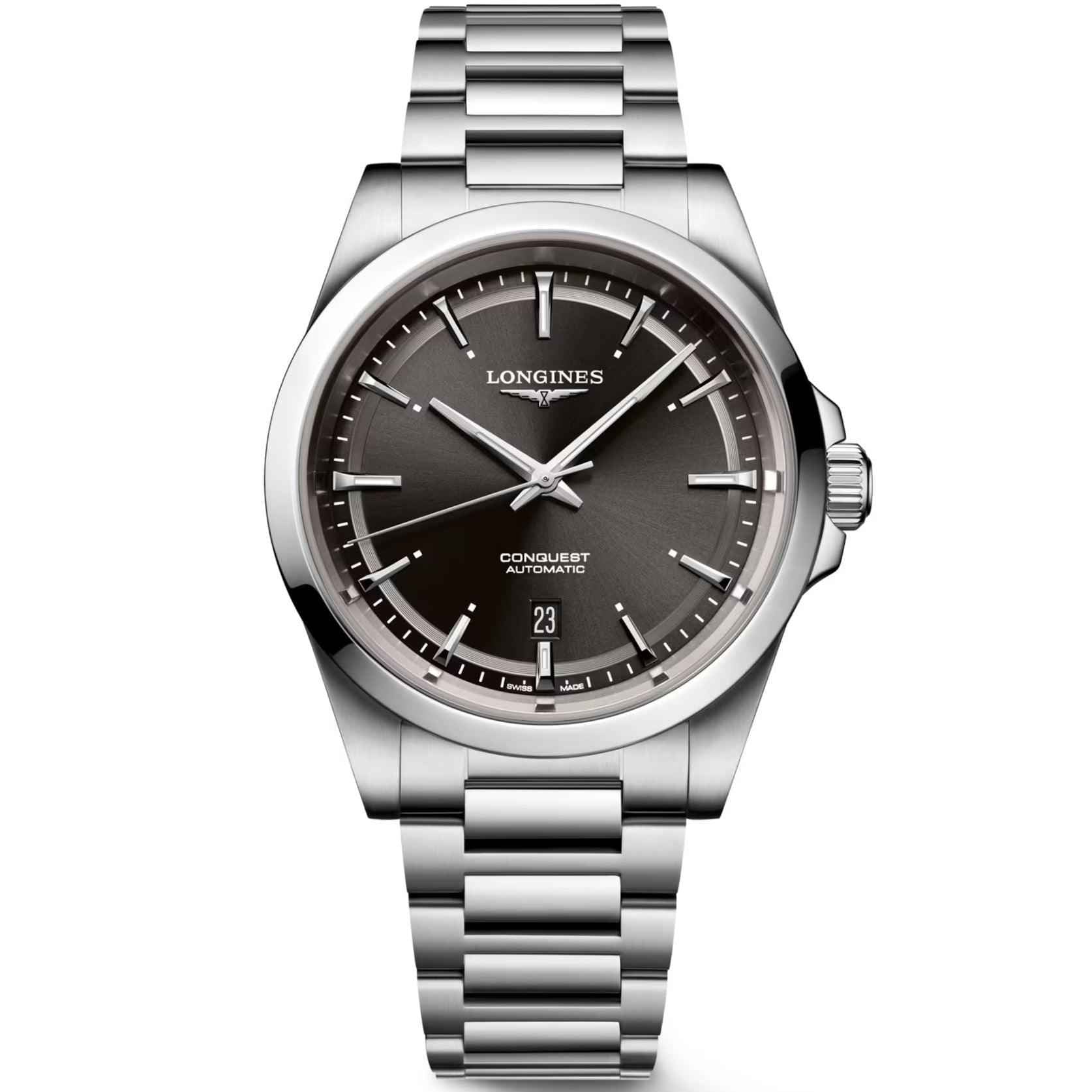 Orologio automatico Longines Conquest nero, bracciale in acciaio e datario 23