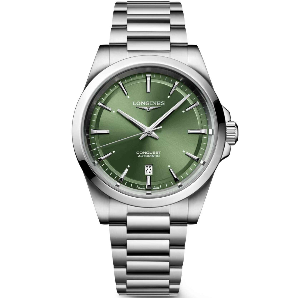 Orologio Longines Conquest automatico verde con bracciale in acciaio, quadrante con data
