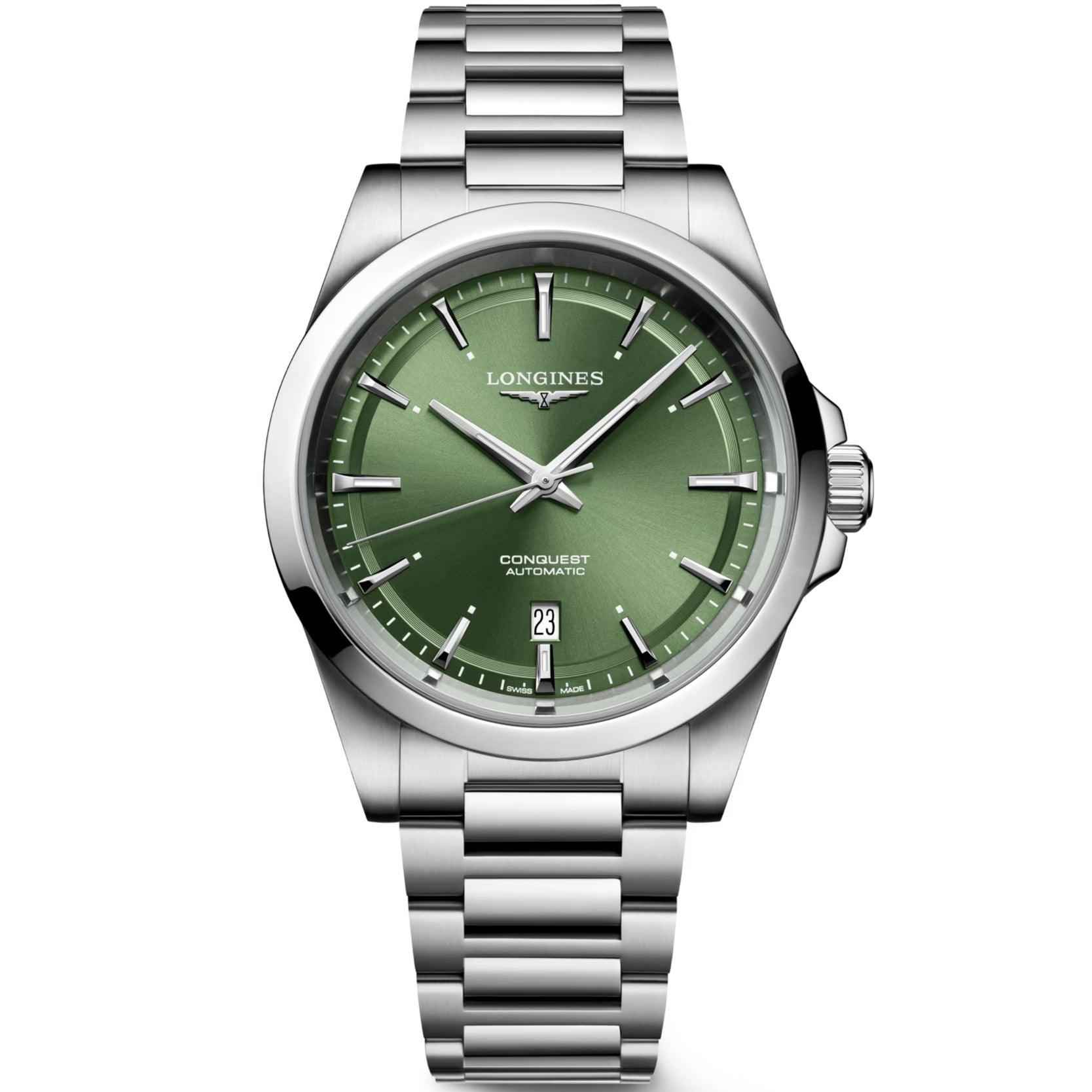 Orologio Longines Conquest automatico verde con bracciale in acciaio, quadrante con data