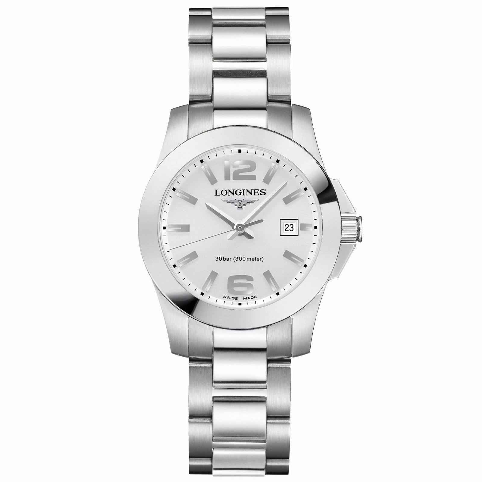 Orologio Longines Conquest in acciaio argento, quadrante bianco, vetro rotondo, quarzo