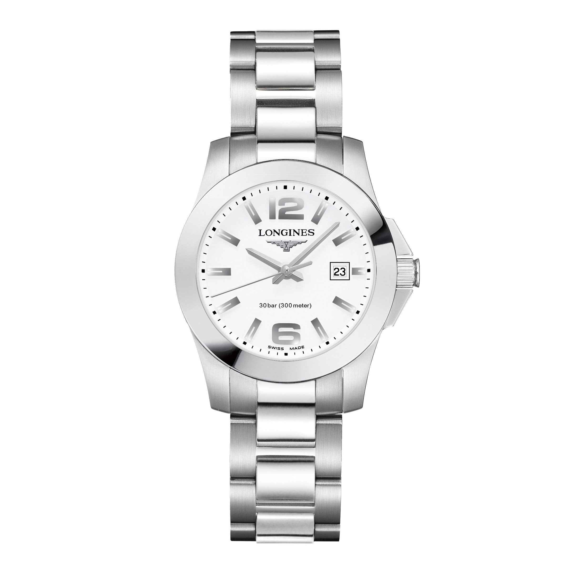 Orologio Longines Conquest 29,5 mm acciaio satinato, quadrante bianco opaco, datario