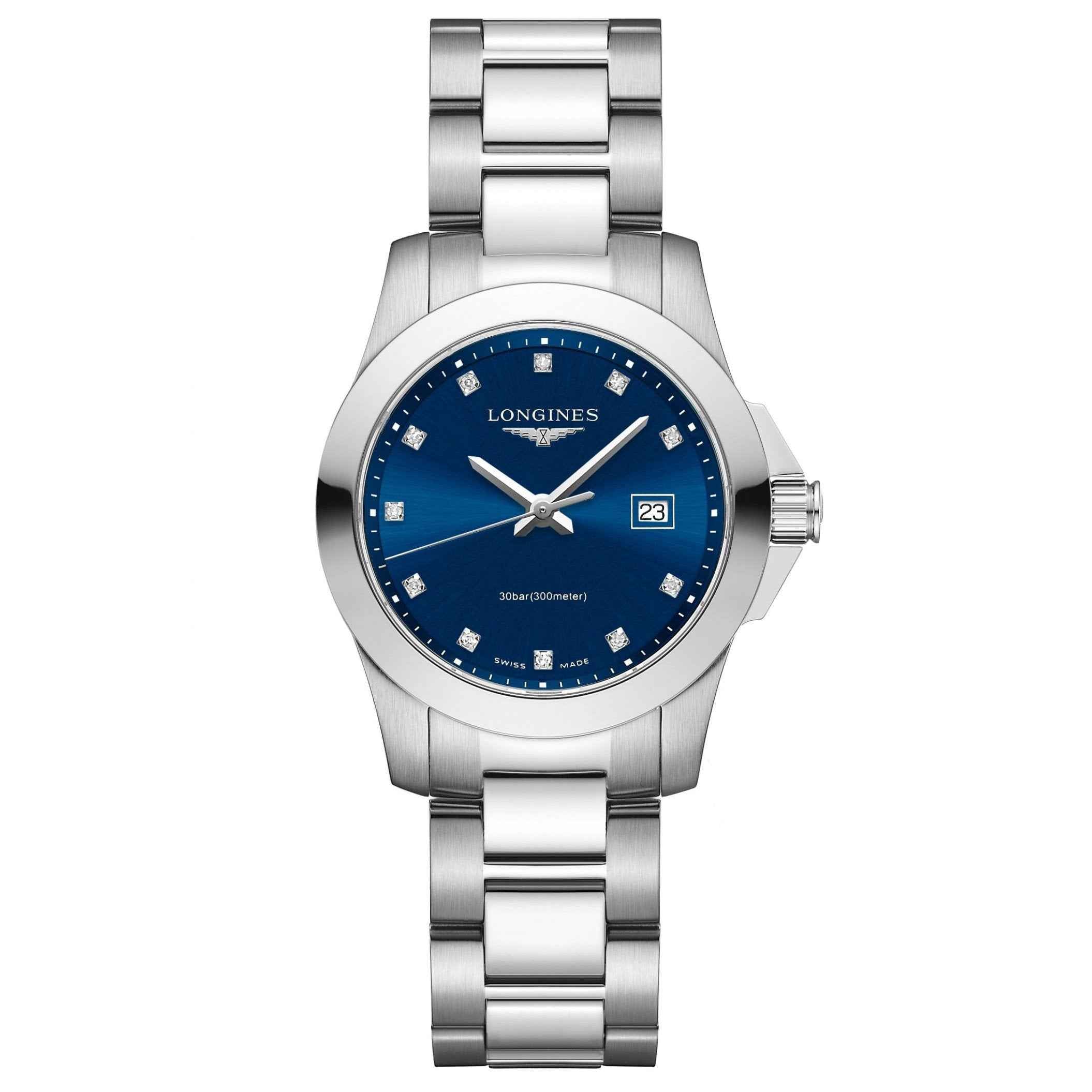 Orologio Longines Conquest in acciaio con quadrante blu, indici con diamanti e datario.