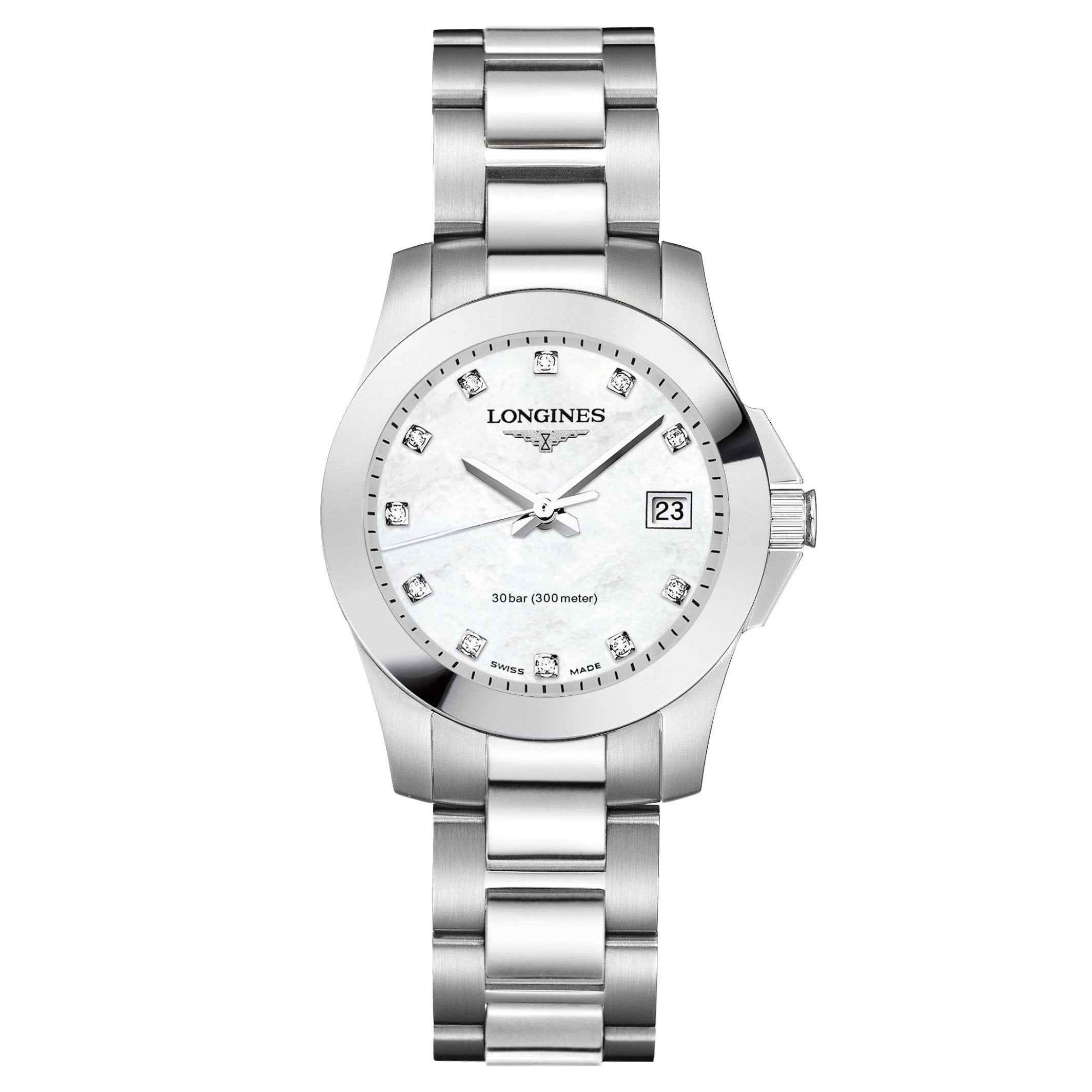 Orologio Longines Conquest 29mm in acciaio con quadrante in madreperla bianca e diamanti