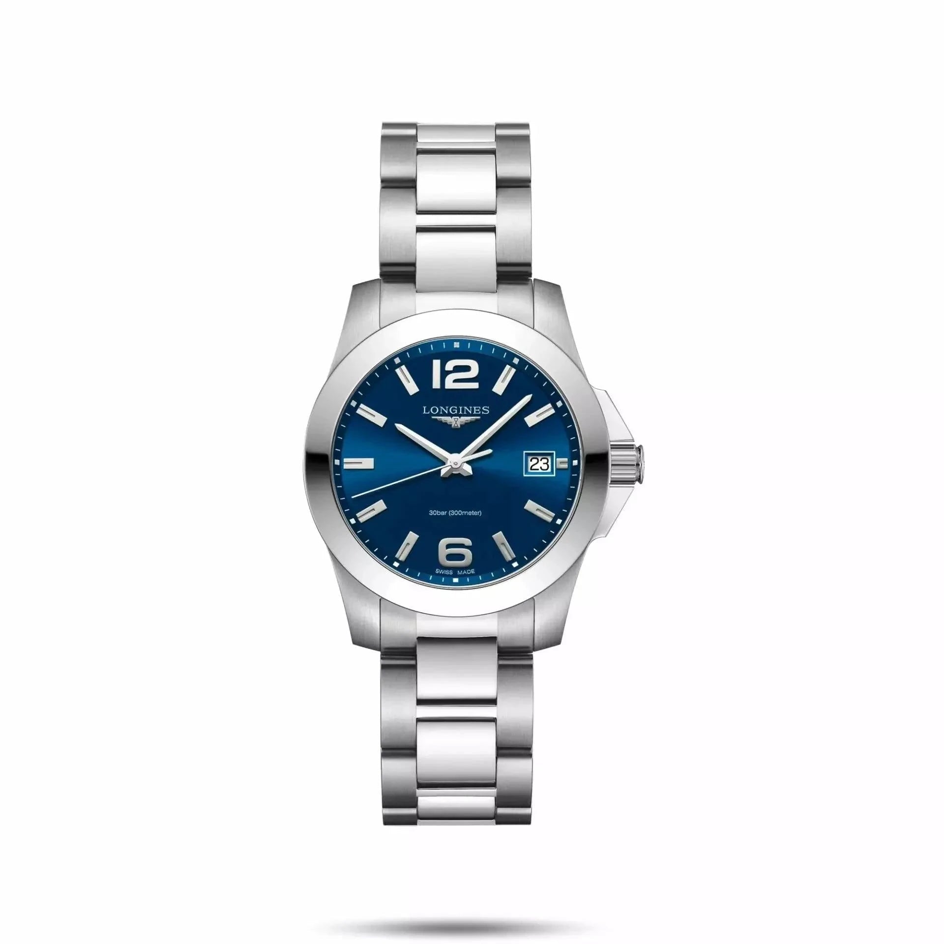 Orologio Longines Conquest 34 mm automatico in acciaio, quadrante blu e bracciale maglie