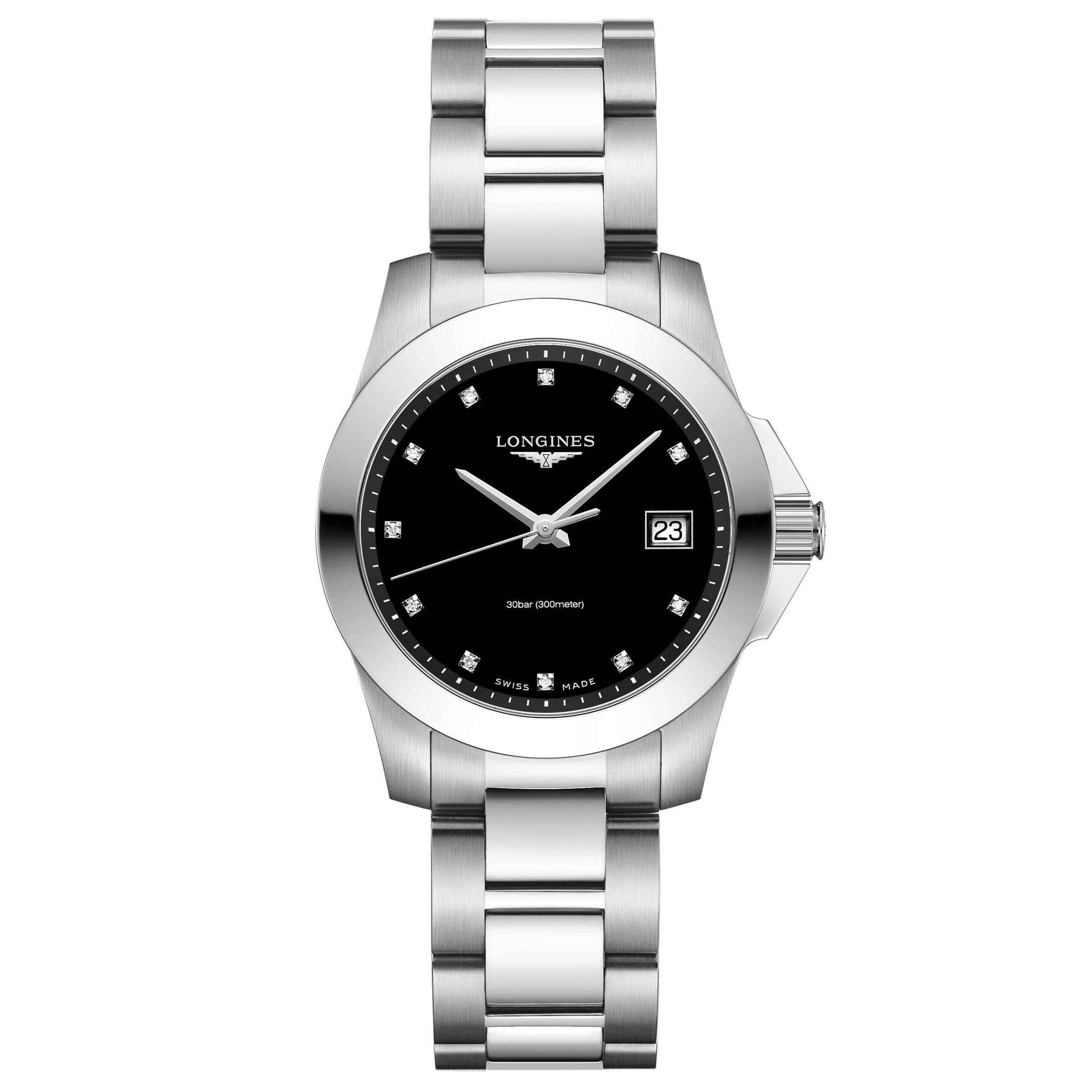 Orologio Longines Conquest 34 mm nero, cinturino acciaio, diamanti, cassa acciaio