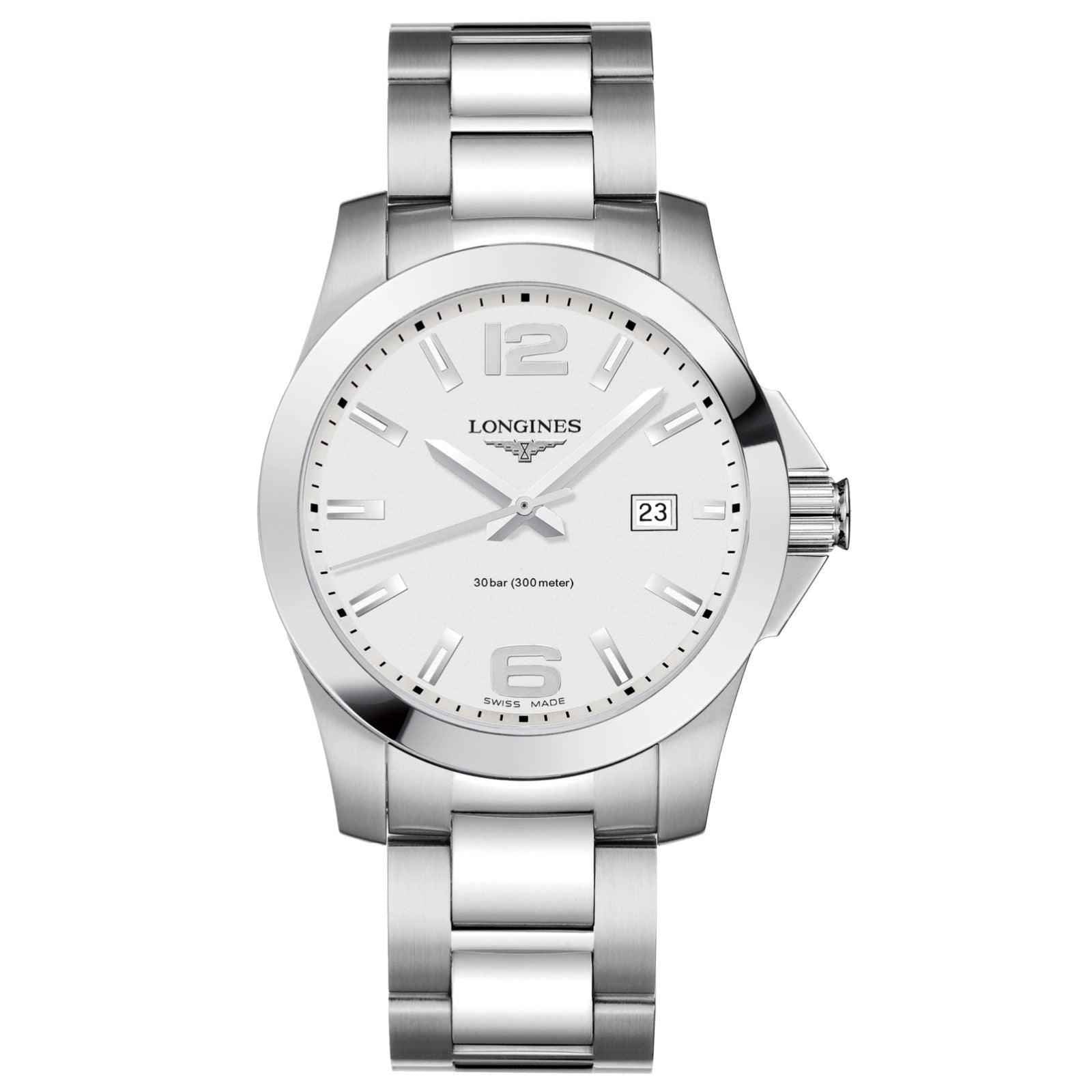 Orologio Longines Conquest 41mm in acciaio argento con quadrante bianco e datario