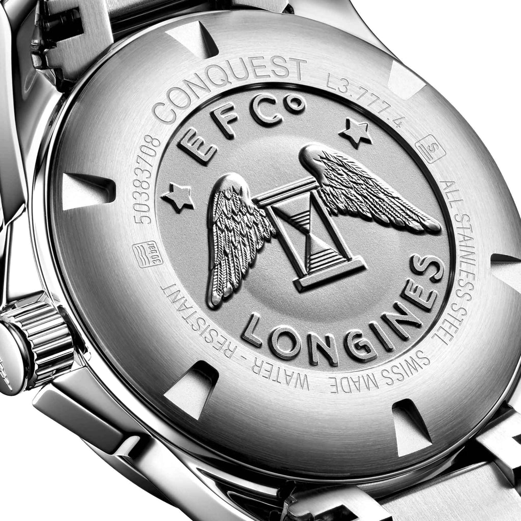 Orologio Longines Conquest 41 mm fondello acciaio inciso con simboli e datario 23