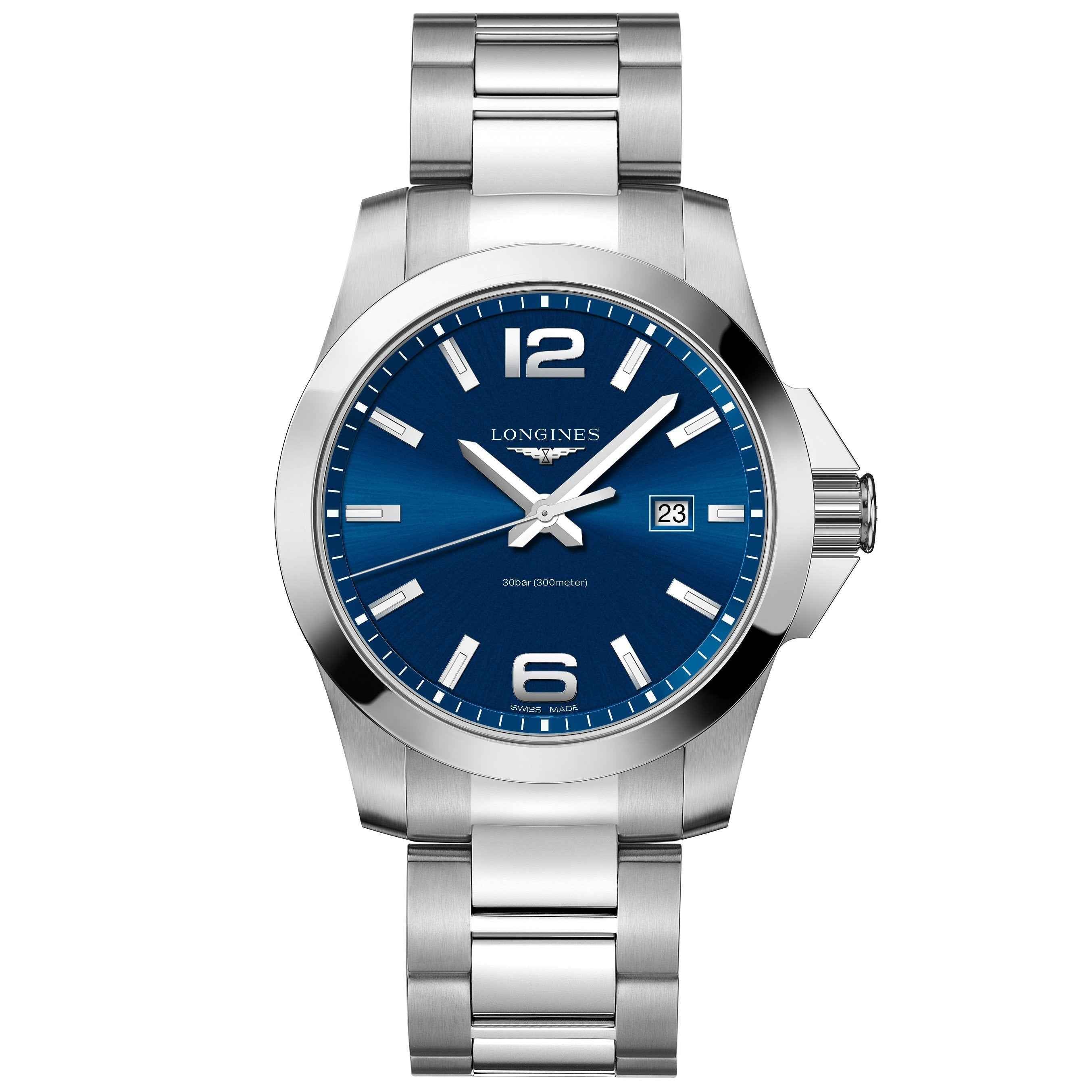 Orologio Longines Conquest 43 mm in acciaio con quadrante blu e cinturino a maglie
