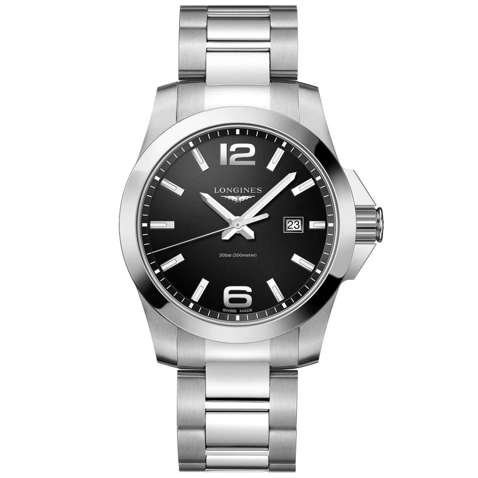 Orologio Longines Conquest 43mm con quadrante nero e bracciale in acciaio