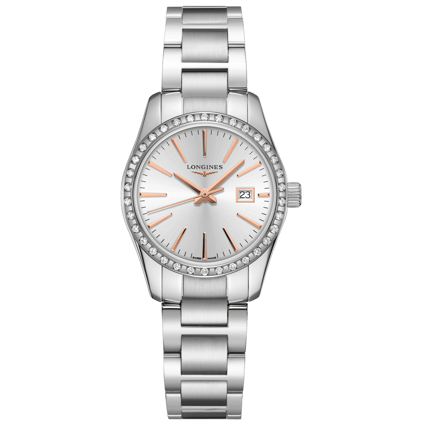 Orologio Longines Conquest argento con diamanti, quadrante bianco e datario, cinturino acciaio