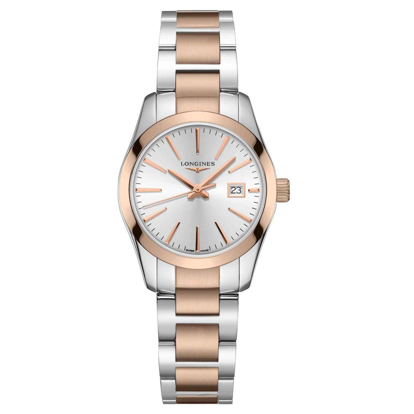 Orologio Longines Conquest Classic acciaio con PVD oro rosa, quadrante bianco, datario