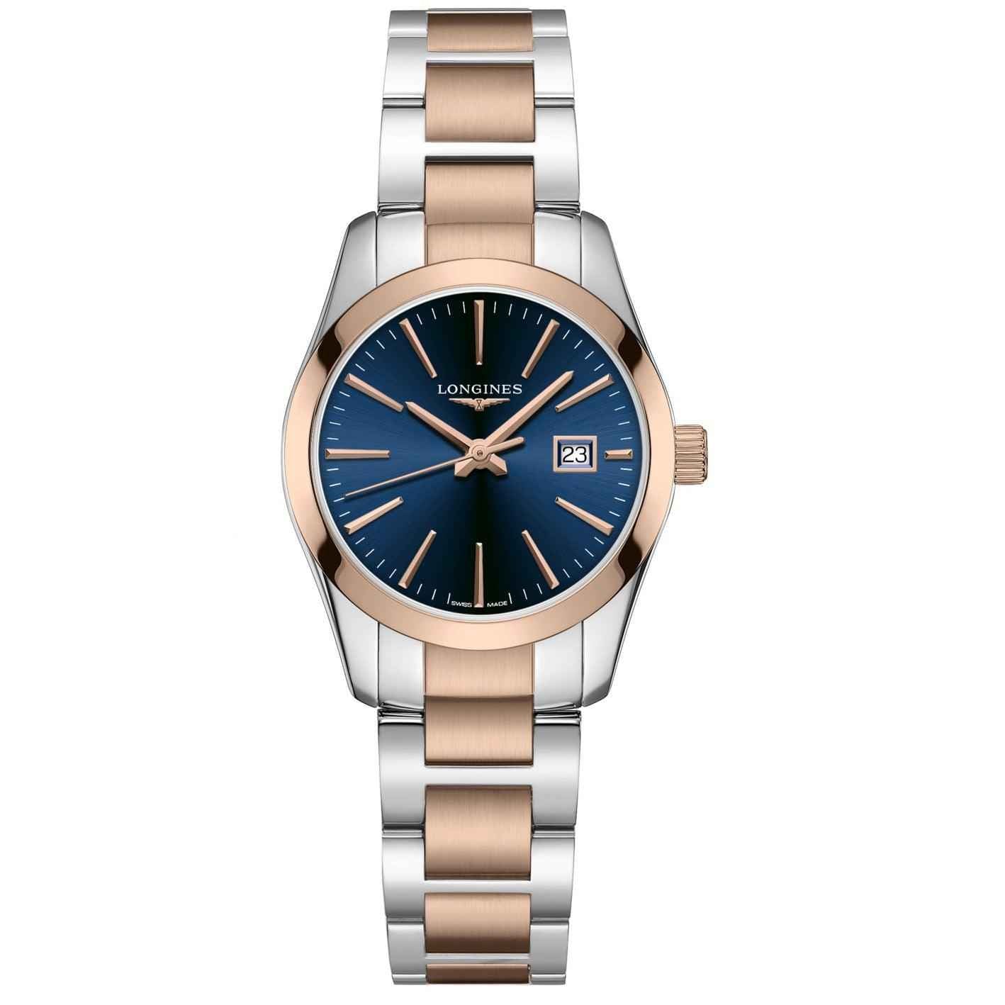 Orologio da donna Longines Conquest con quadrante blu e bracciale in acciaio bicolore rosso