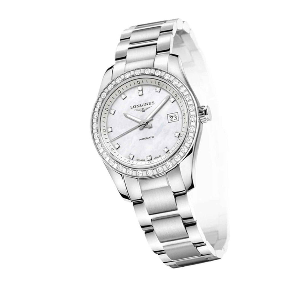 Orologio Longines da donna in acciaio, quadrante madreperla bianco, lunetta diamanti
