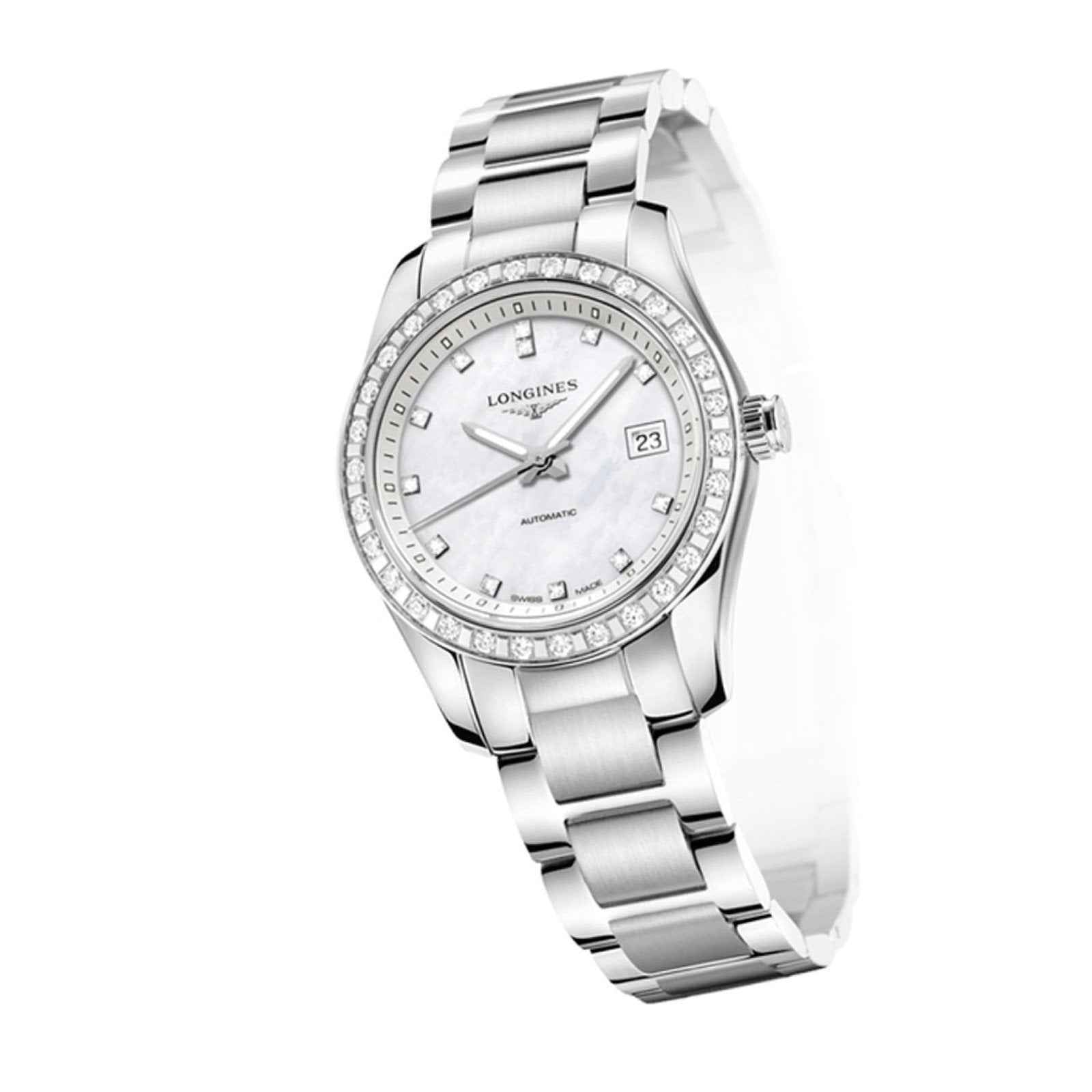 Orologio Longines da donna in acciaio, quadrante madreperla bianco, lunetta diamanti