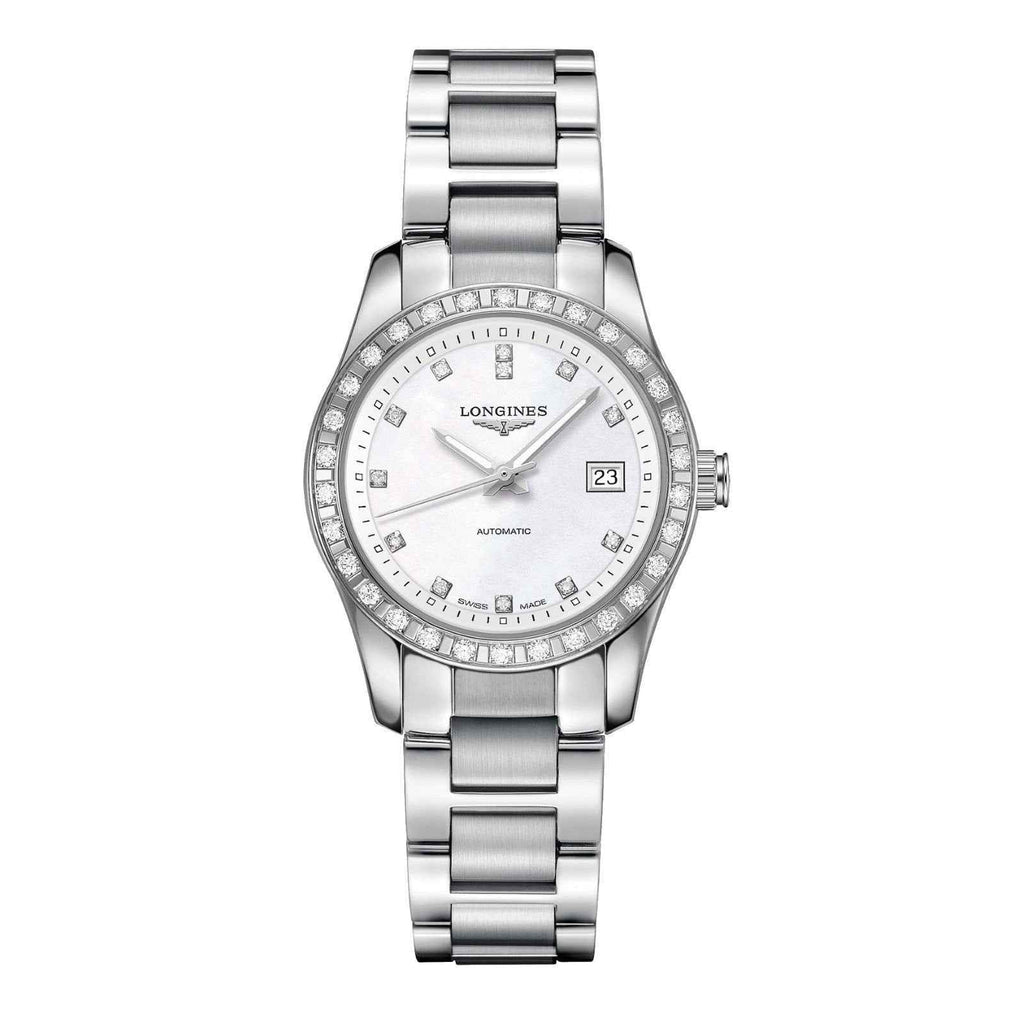 Orologio Longines donna acciaio, quadrante madreperla con datario e lunetta diamanti