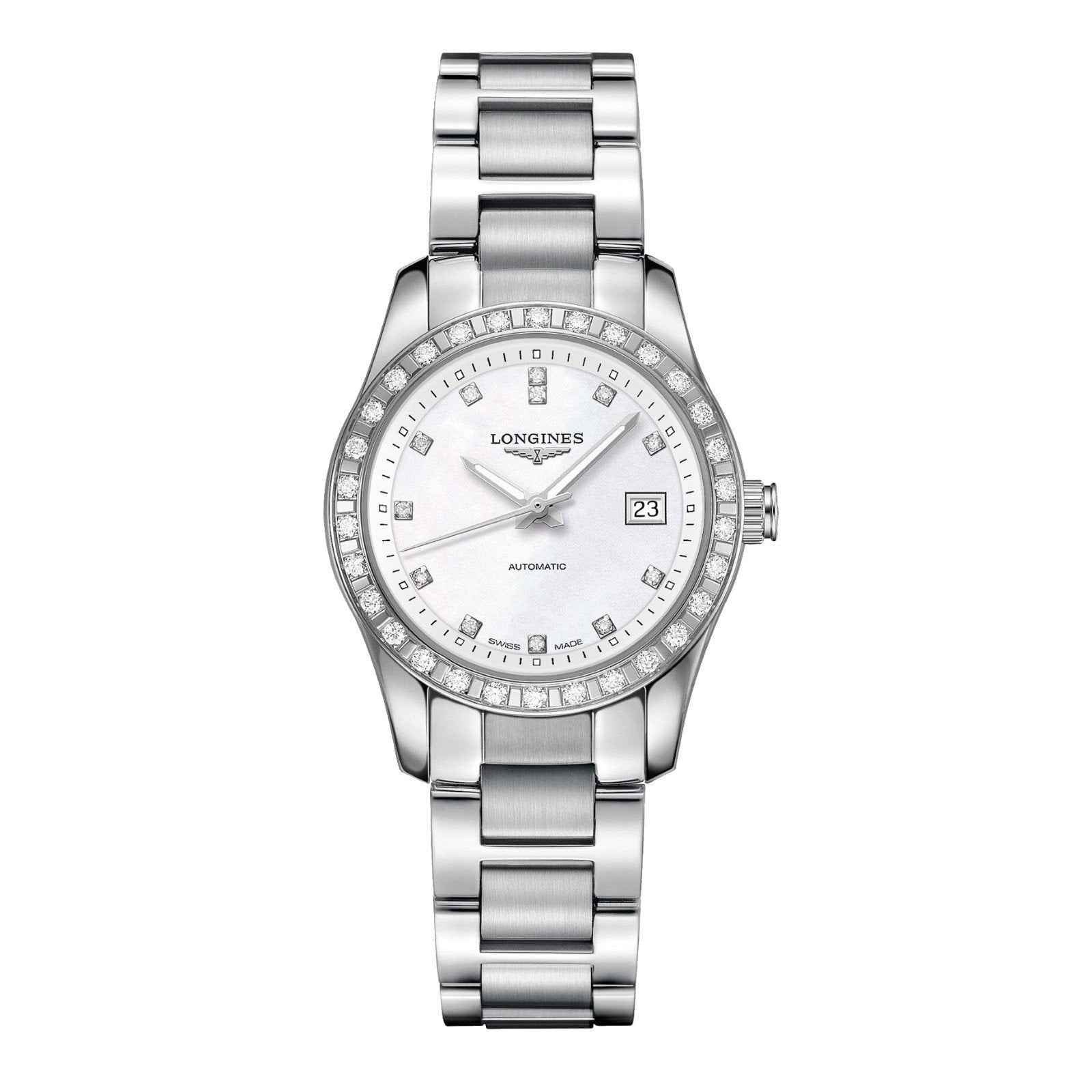Orologio Longines donna acciaio, quadrante madreperla con datario e lunetta diamanti