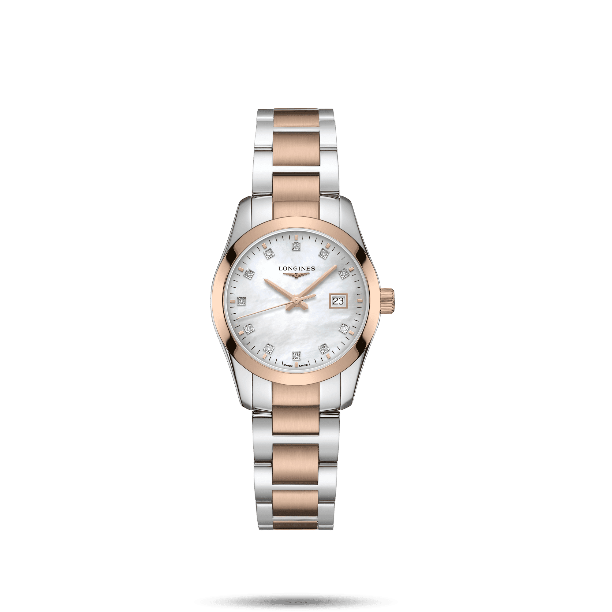 Orologio Longines Conquest Classic con cinturino acciaio PVD oro rosa e quadrante madreperla