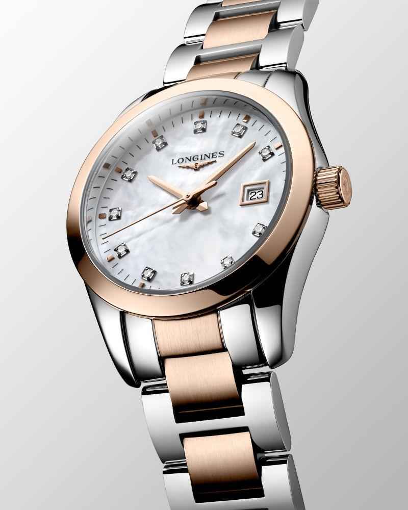 Orologio Longines Conquest Classic: quadrante madreperla con indici e datario, cassa PVD oro rosa