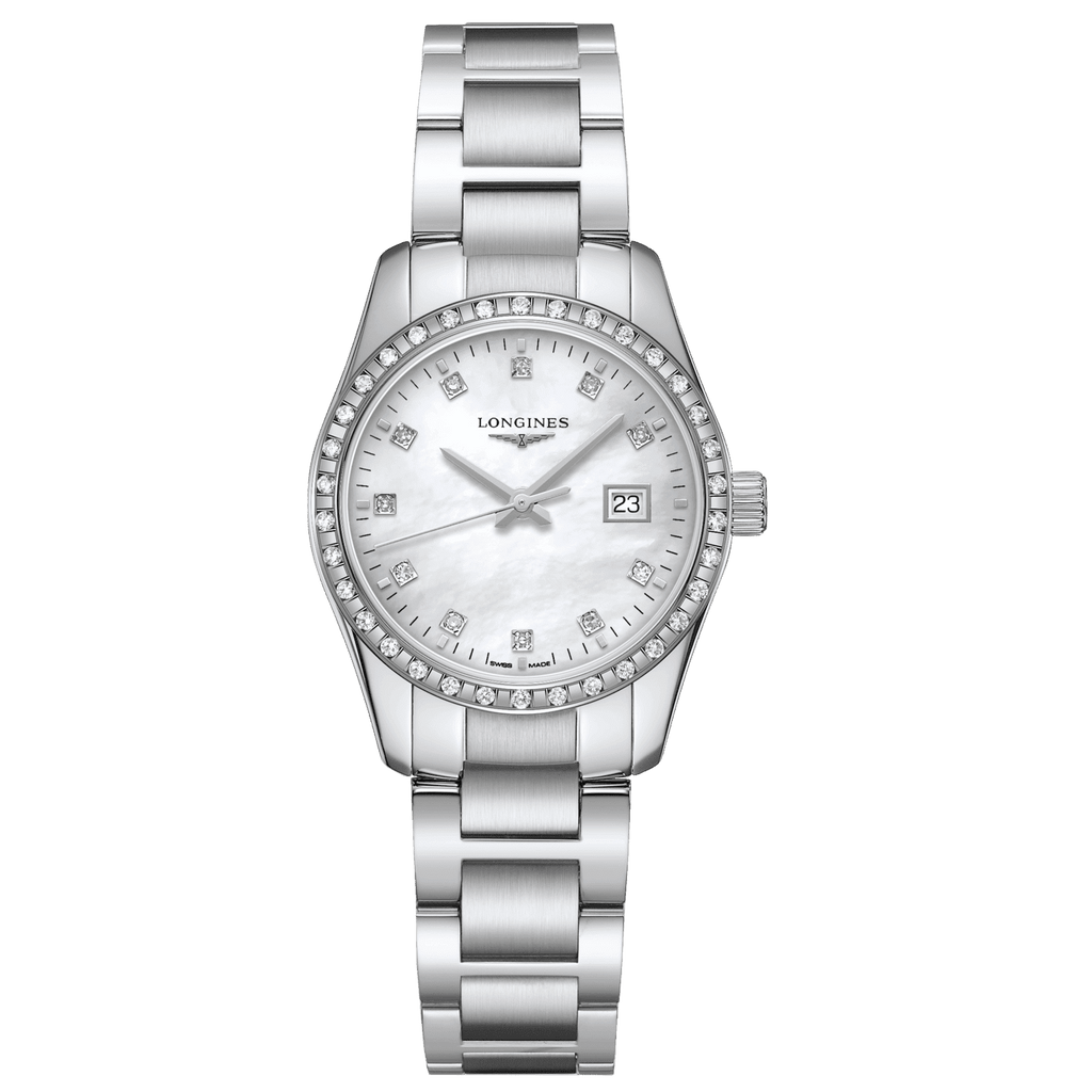 Orologio Longines Conquest Classic in acciaio, quadrante madreperla con diamanti e datario 23