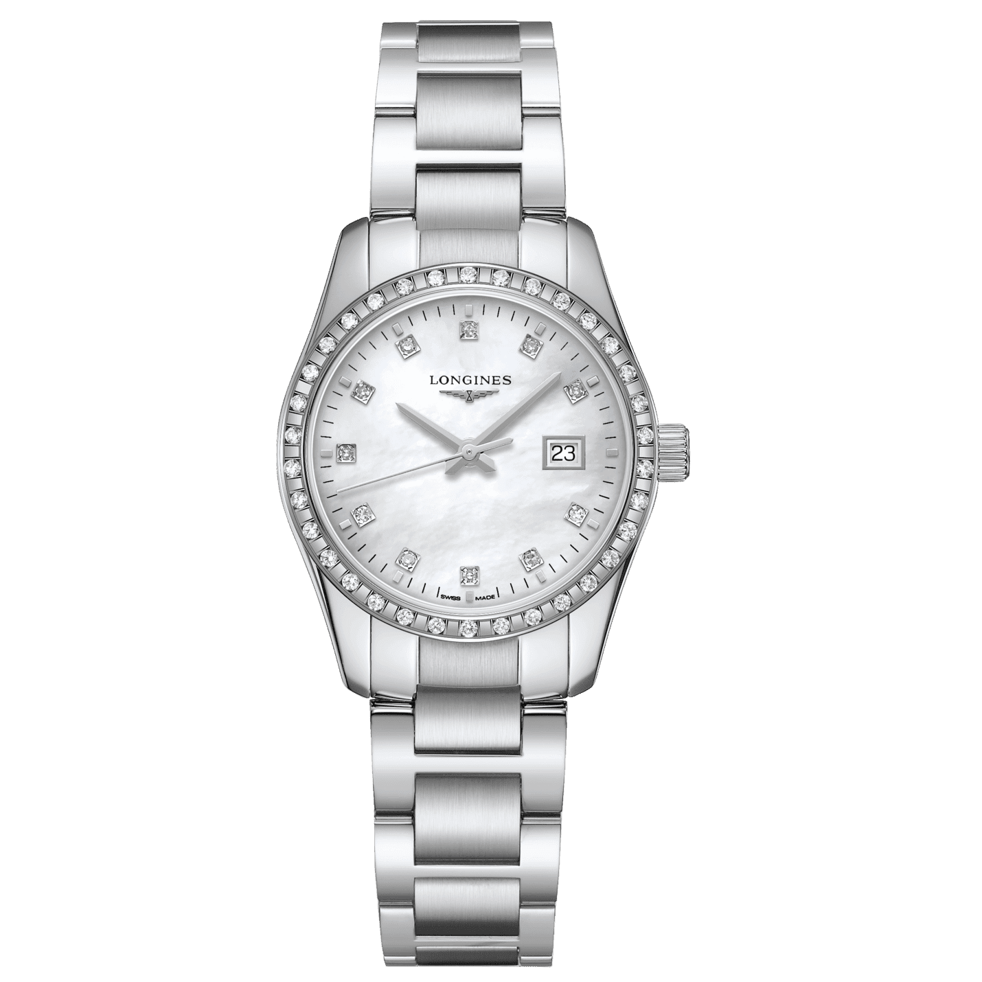 Orologio Longines Conquest Classic in acciaio, quadrante madreperla con diamanti e datario 23