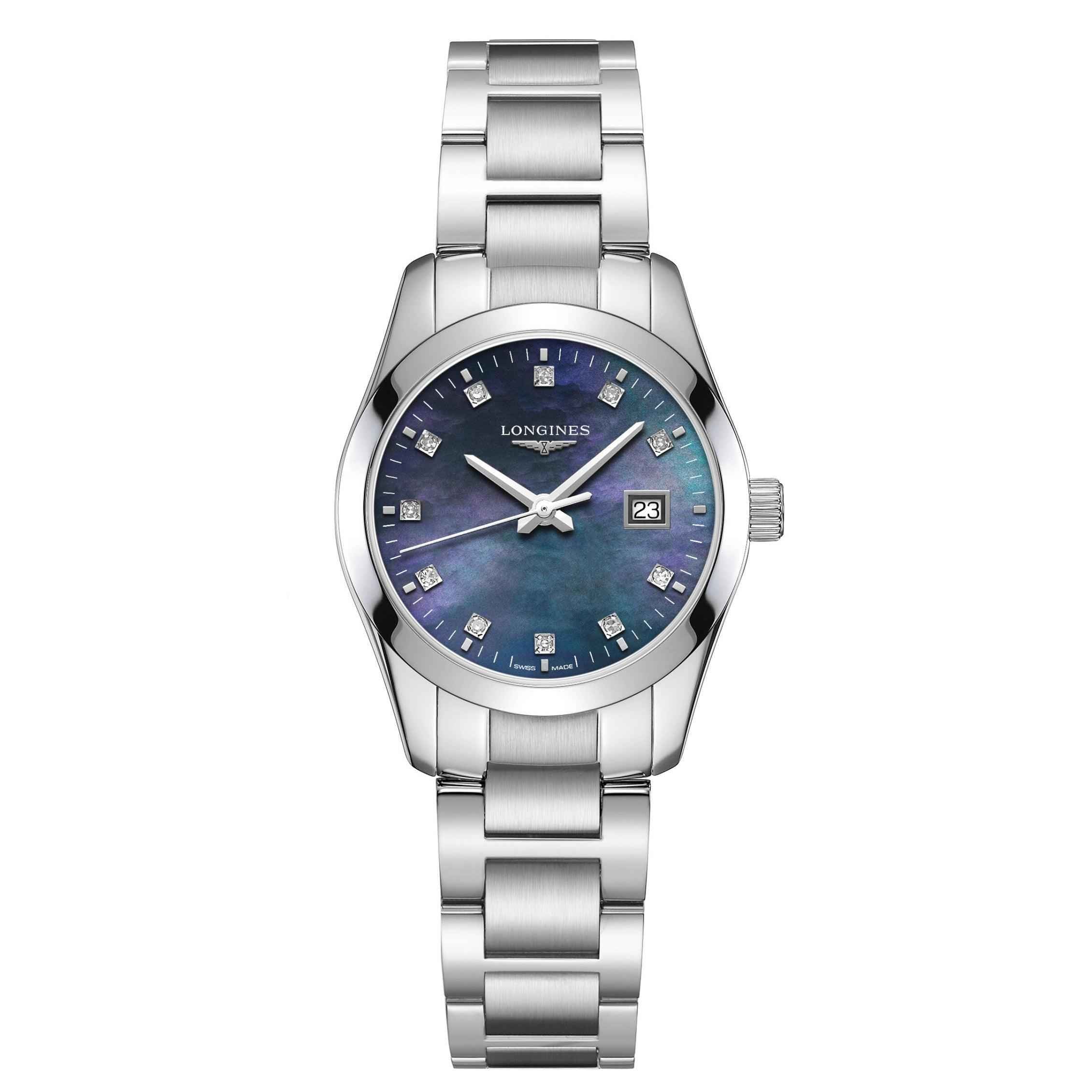 Orologio Longines Conquest con bracciale d’acciaio, quadrante blu e datario