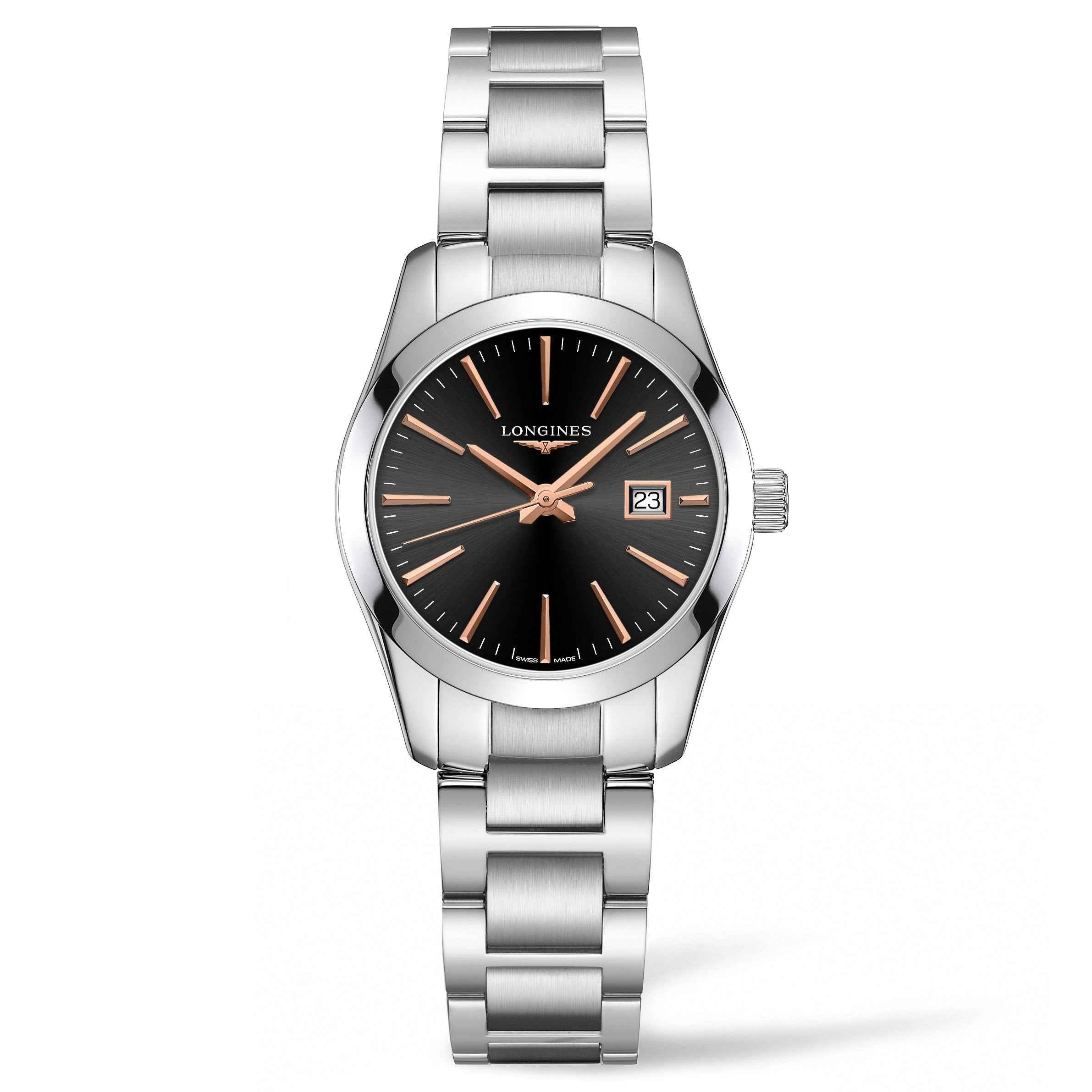 Orologio Longines Conquest Classic in acciaio, quadrante nero, datario 23, quarzo