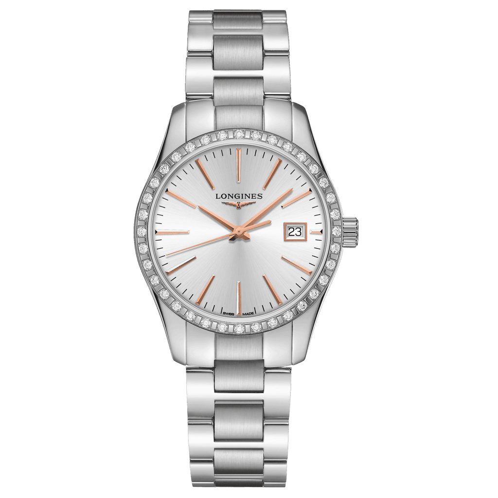 Orologio Longines in acciaio, quadrante bianco e cornice con diamanti, datario 23