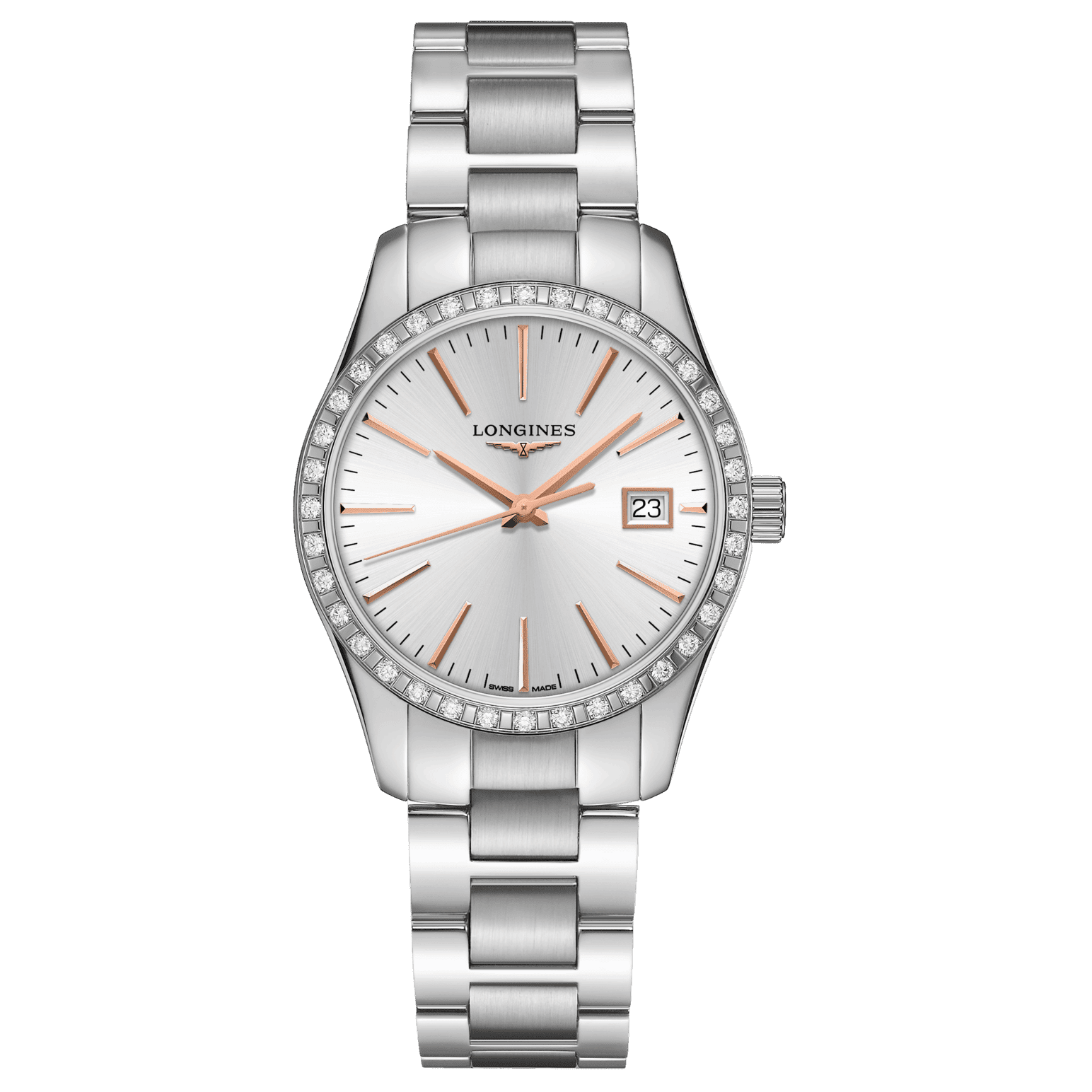 Orologio Longines in acciaio, quadrante bianco e cornice con diamanti, datario 23
