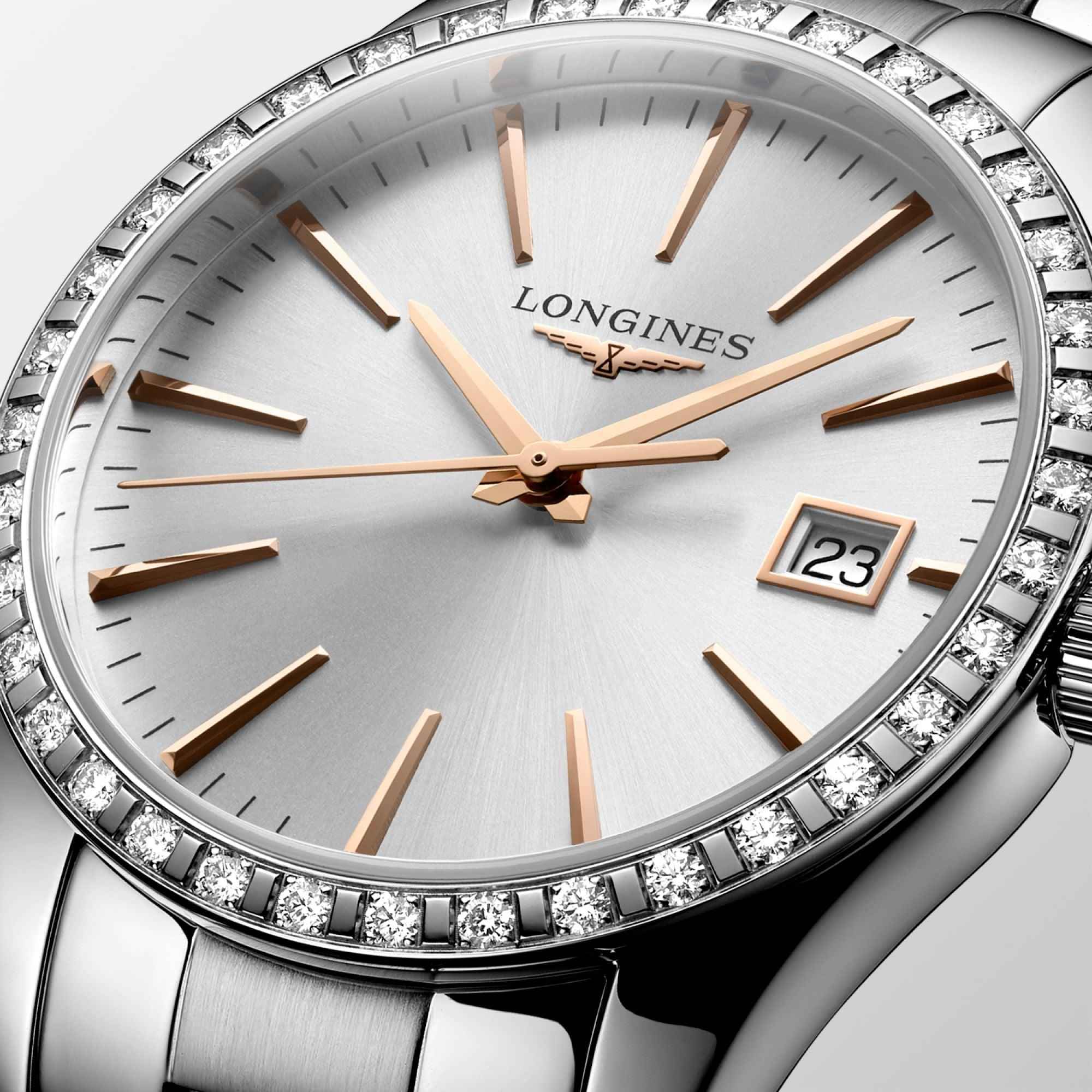 Orologio Longines con quadrante argento, lancette oro rosa, cornice diamanti e datario 23