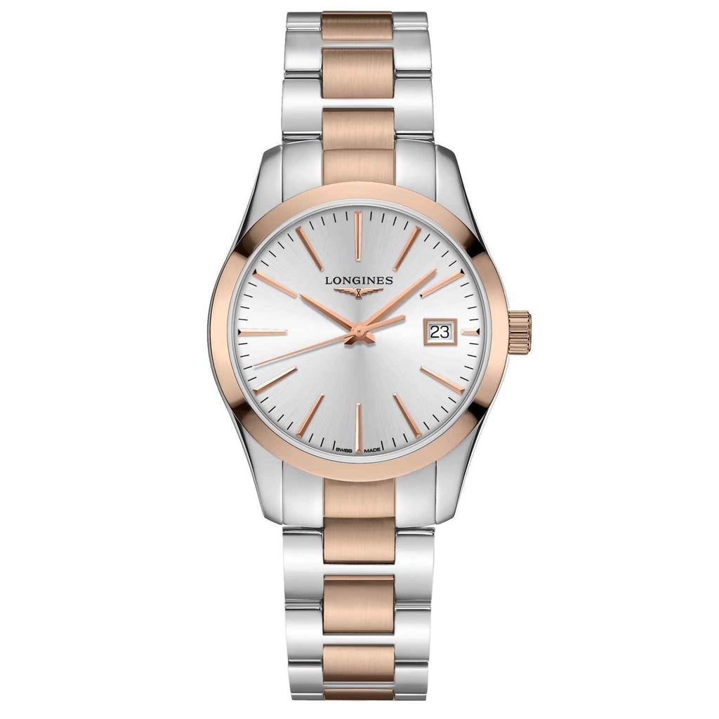 Orologio da polso Conquest Classic 34 mm con quadrante argento e accenti oro rosa