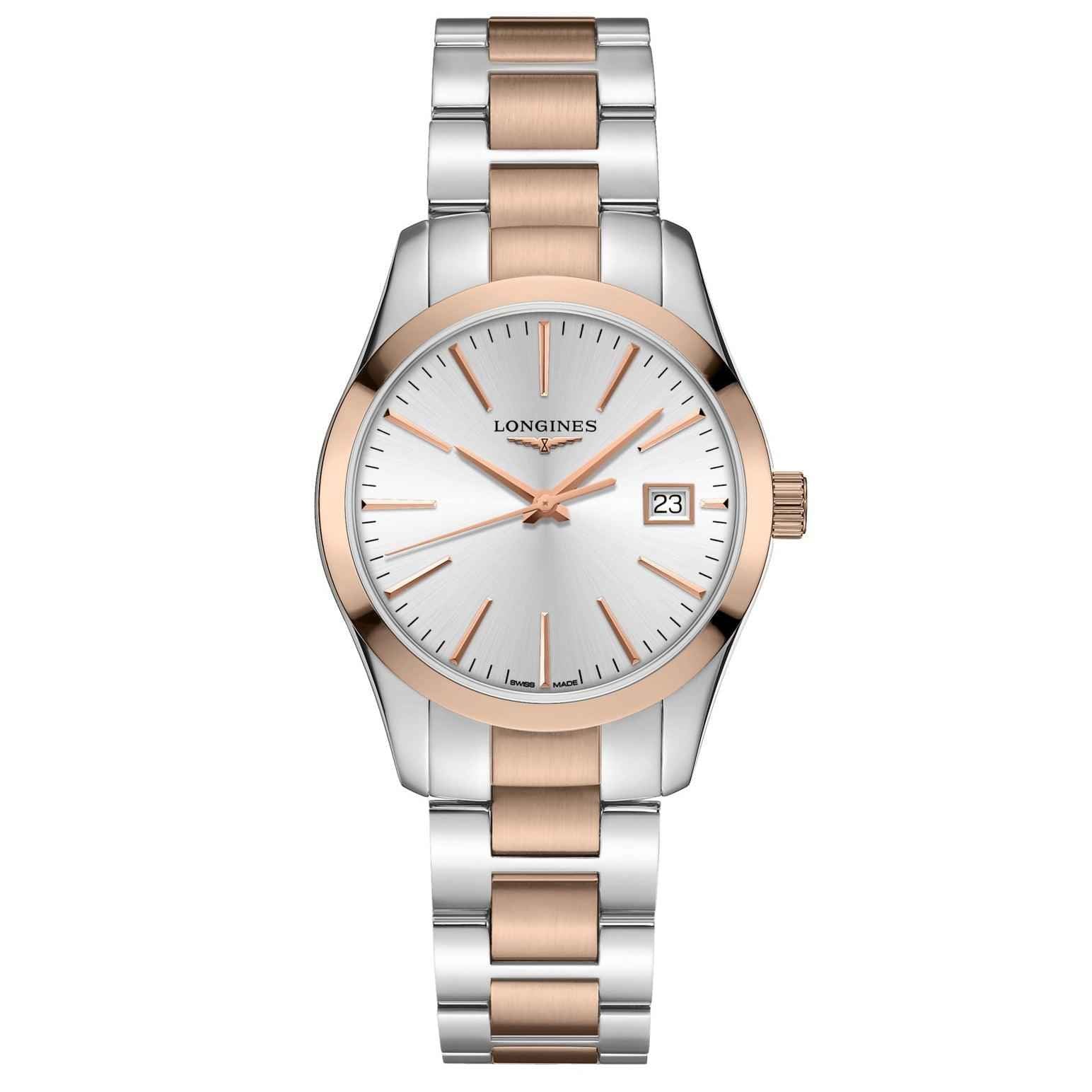 Orologio da polso Conquest Classic 34 mm con quadrante argento e accenti oro rosa