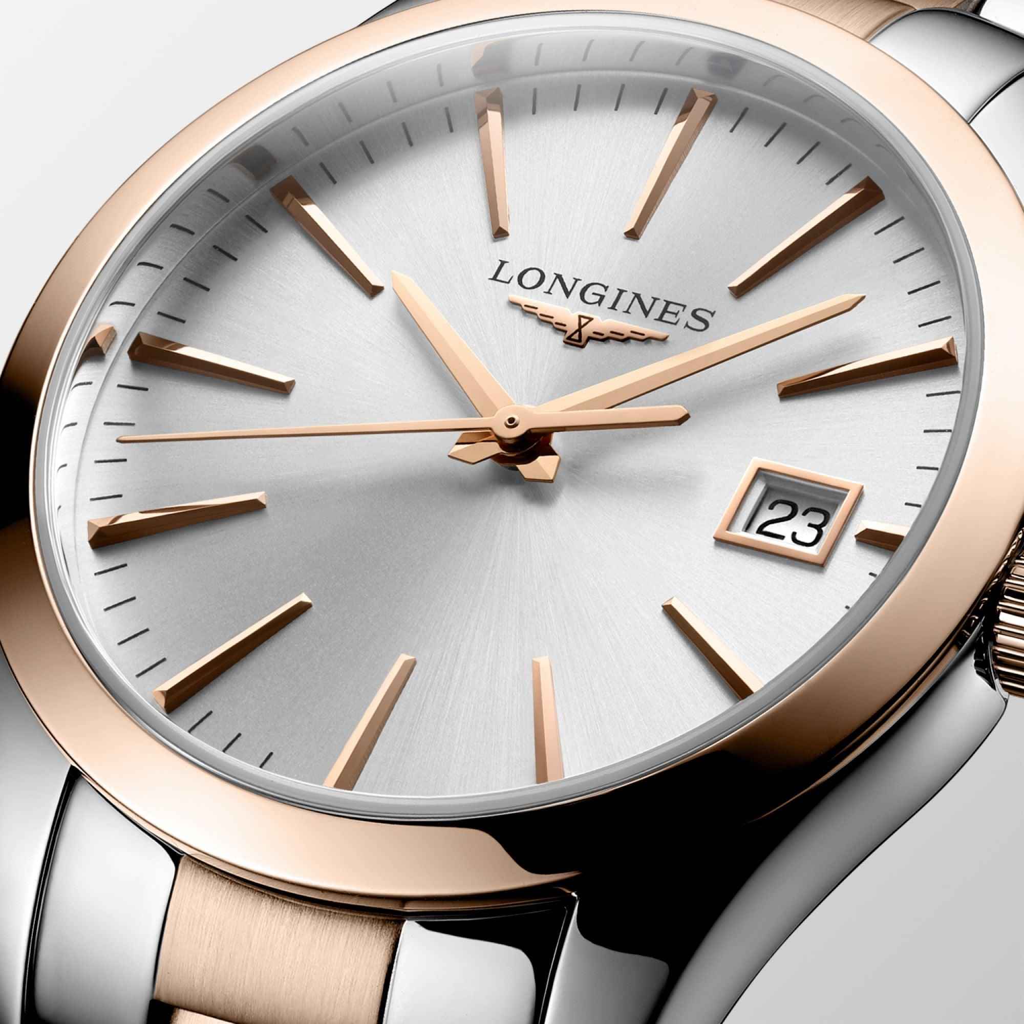 Orologio con quadrante argento, lancette oro rosa e data 23 a ore 3
