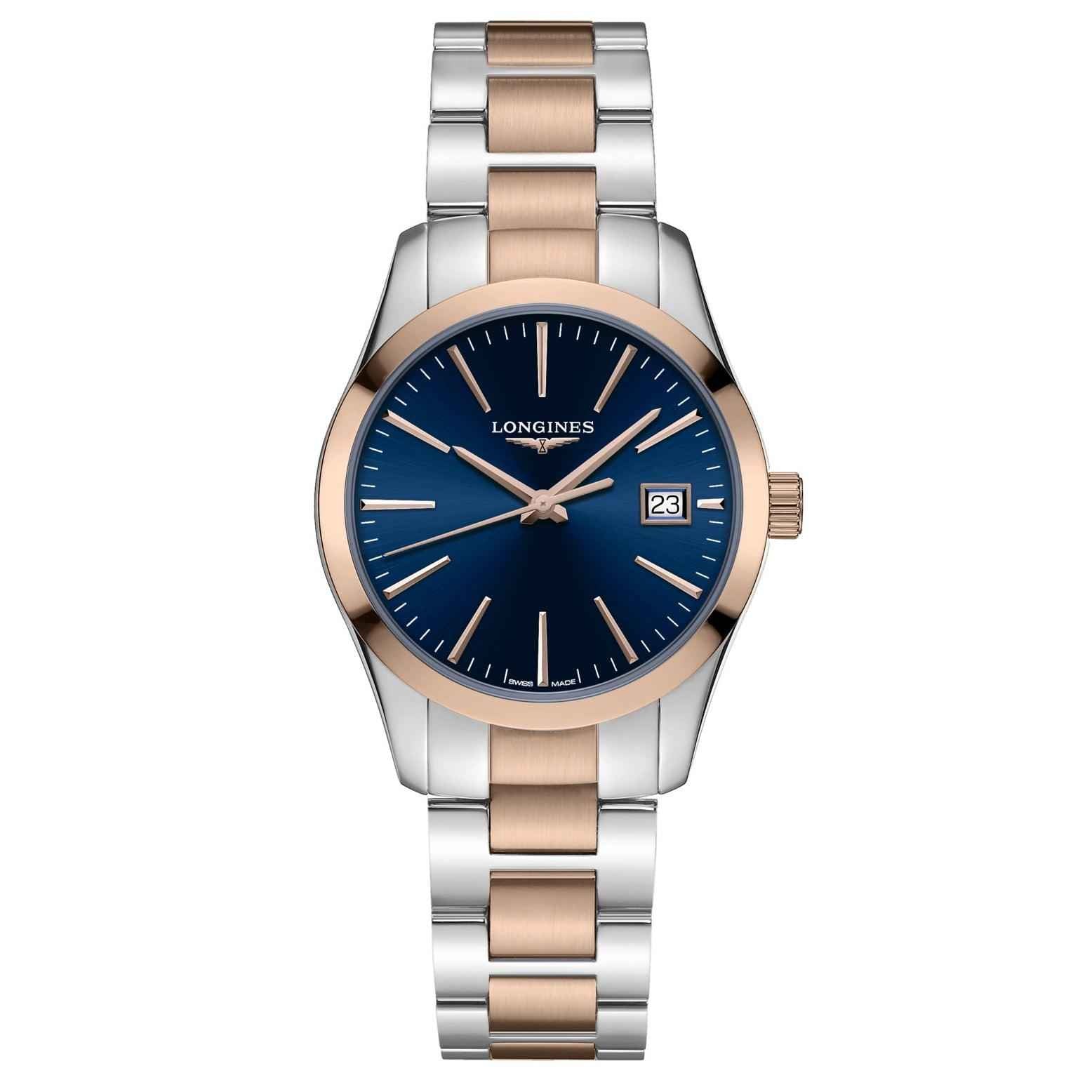 Orologio Longines Conquest Classic 34mm blu, quadrante e bracciale acciaio PVD oro rosa