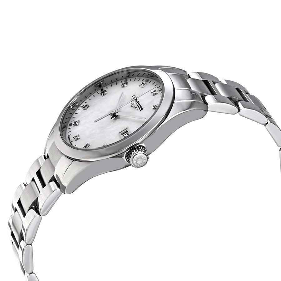 Orologio Longines con cassa acciaio e quadrante bianco madreperla, vista laterale