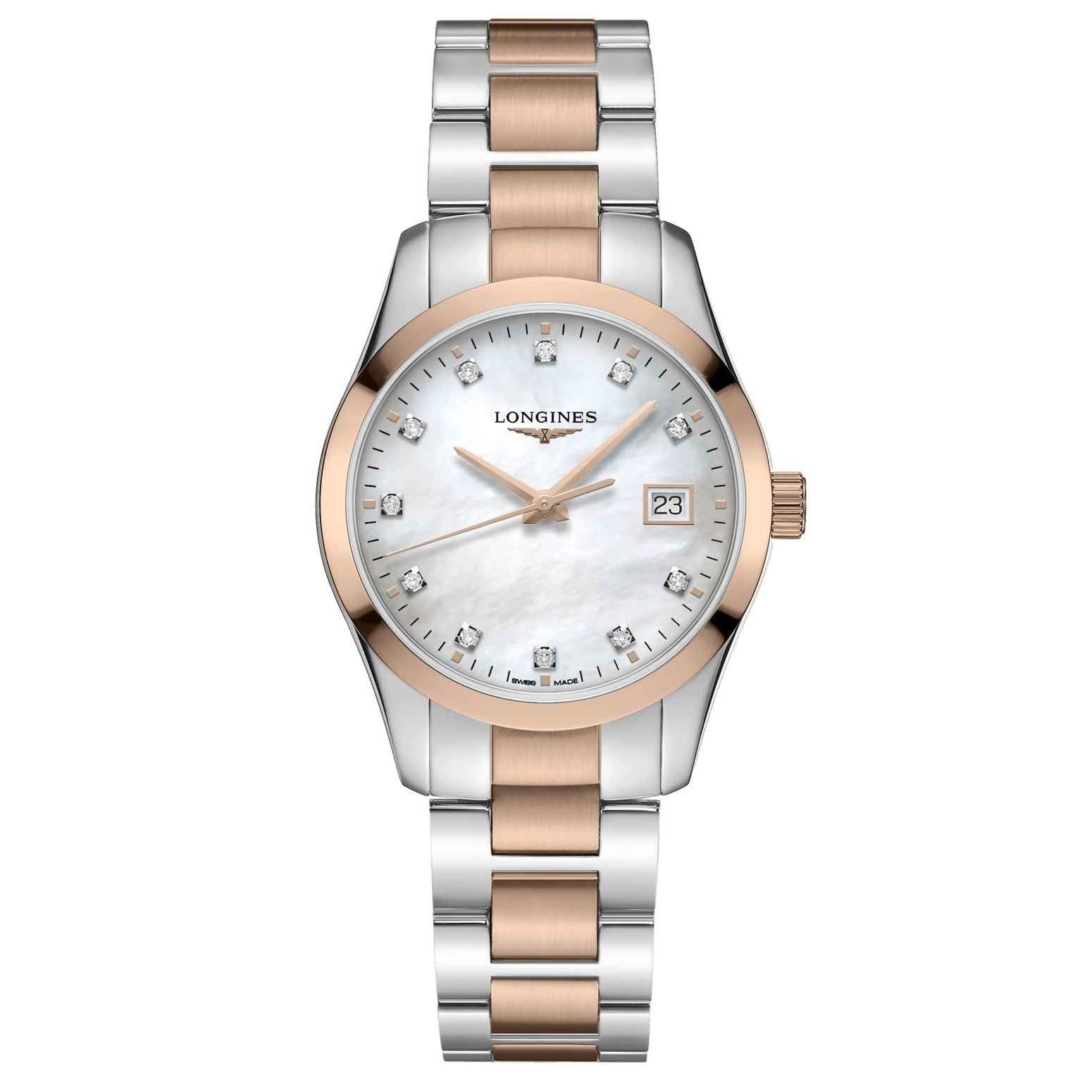 Orologio Longines Conquest Classic con quadrante madreperla bianco, indici diamantati
