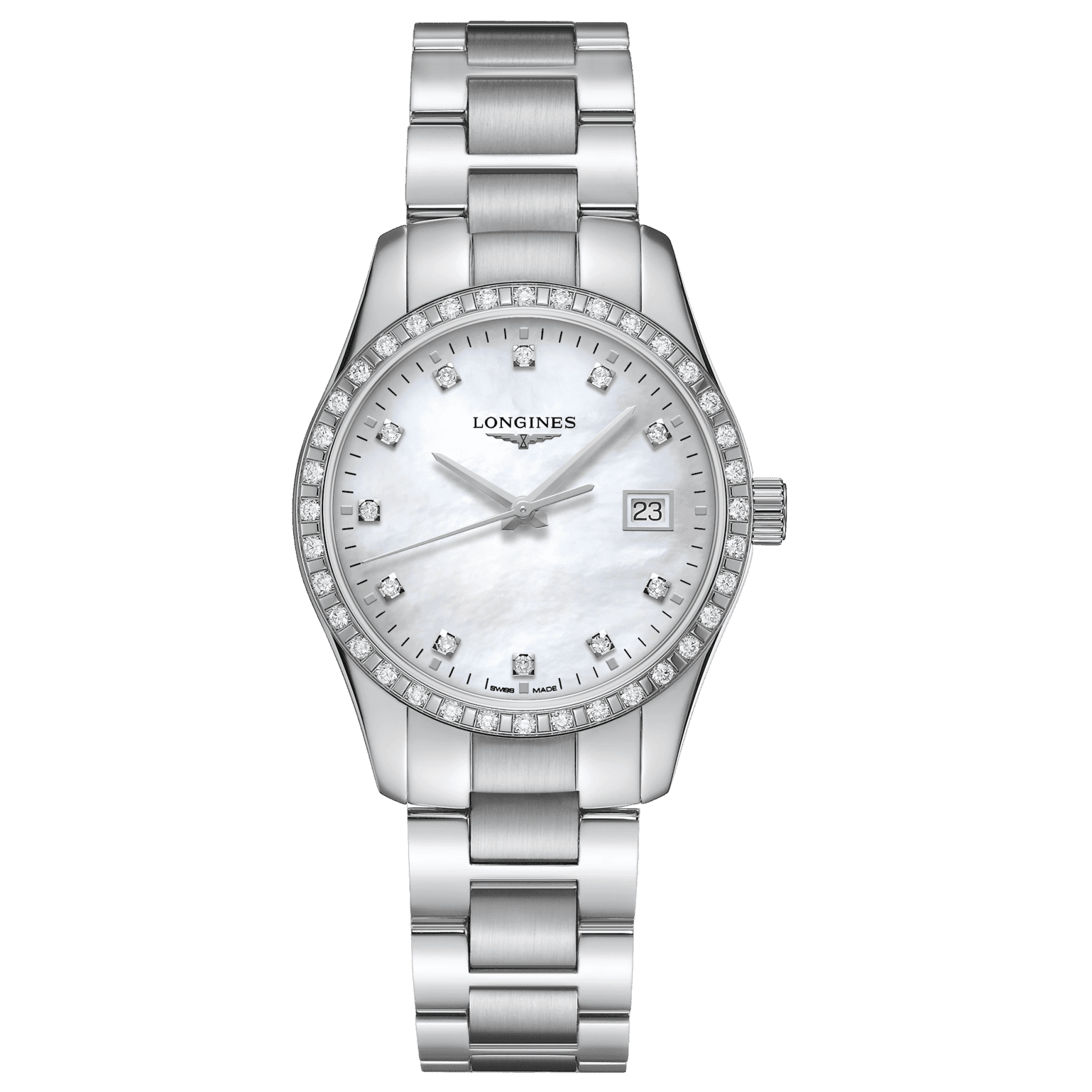 Orologio Longines Conquest Classic in acciaio con quadrante madreperla e diamanti