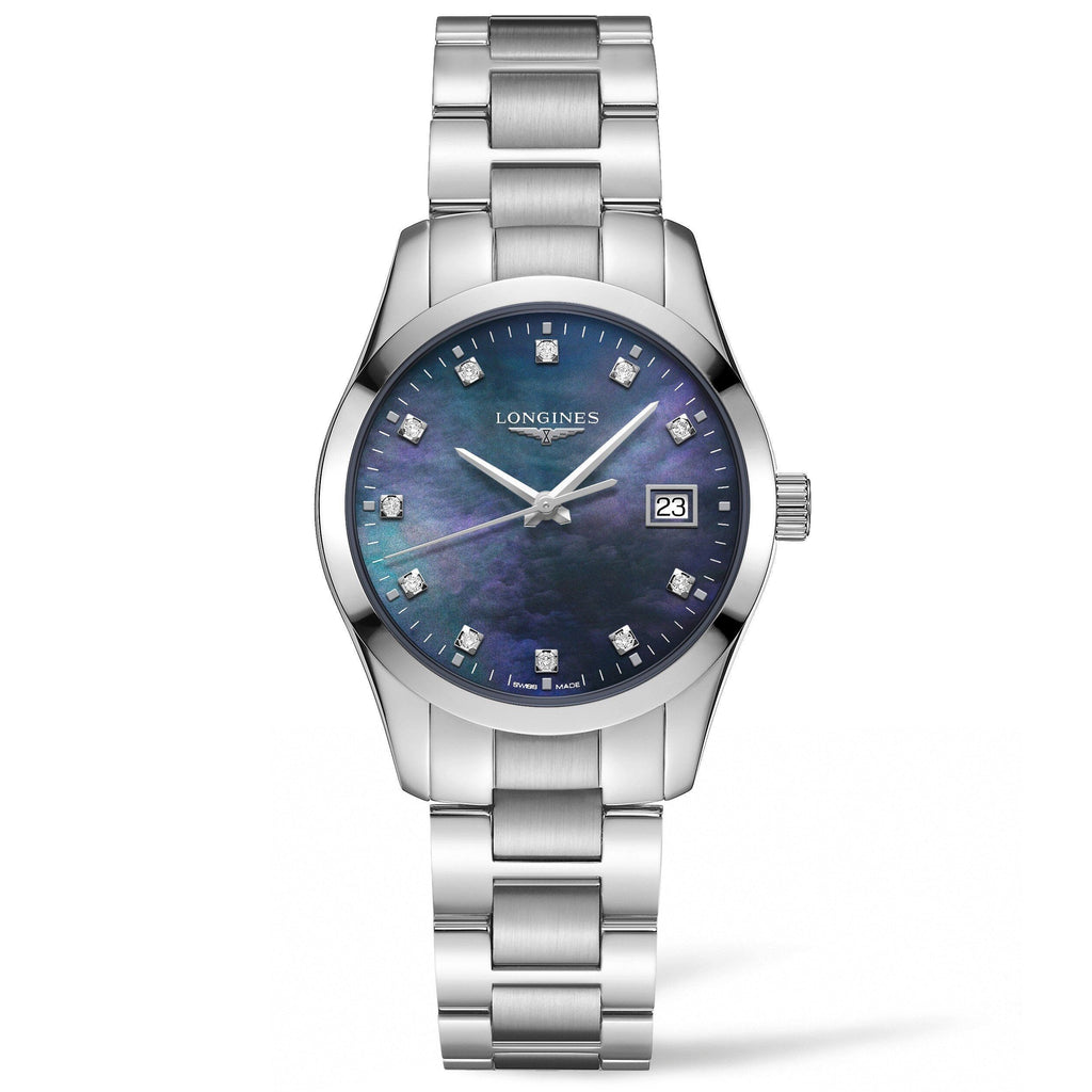 Orologio Longines Conquest acciaio con quadrante madreperla blu, datario, quarzo