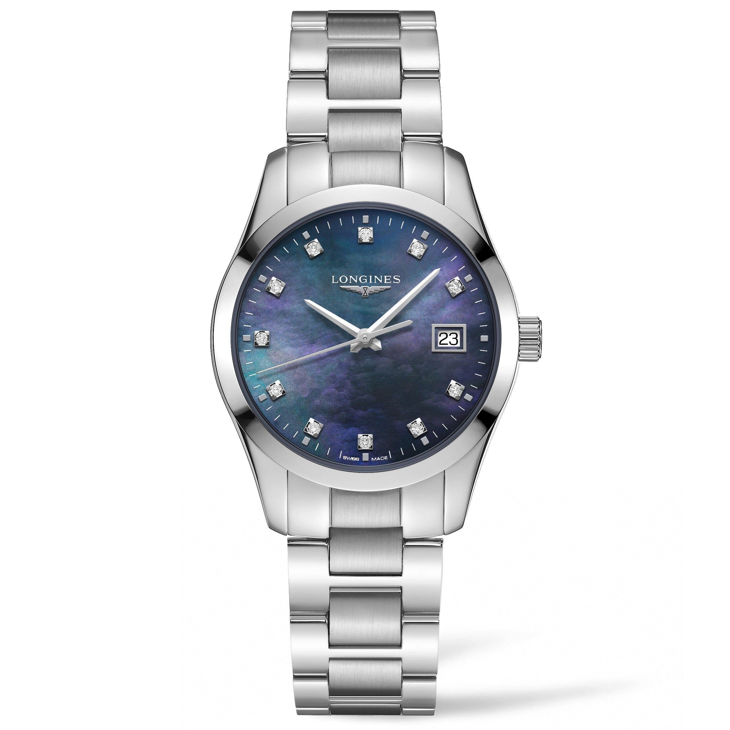 Orologio Longines Conquest acciaio con quadrante madreperla blu, datario, quarzo