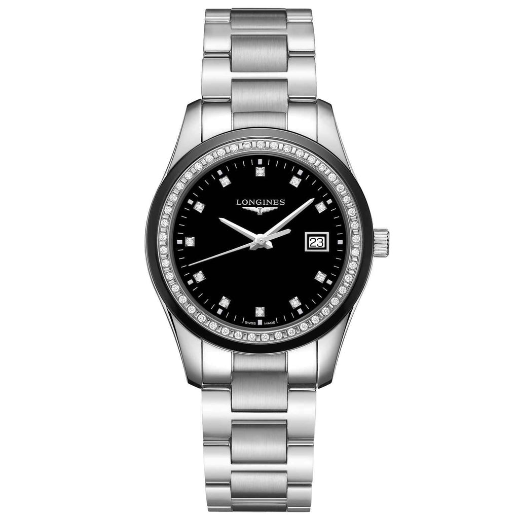Orologio Conquest Longines in acciaio, quadrante nero, lunetta con diamanti e datario