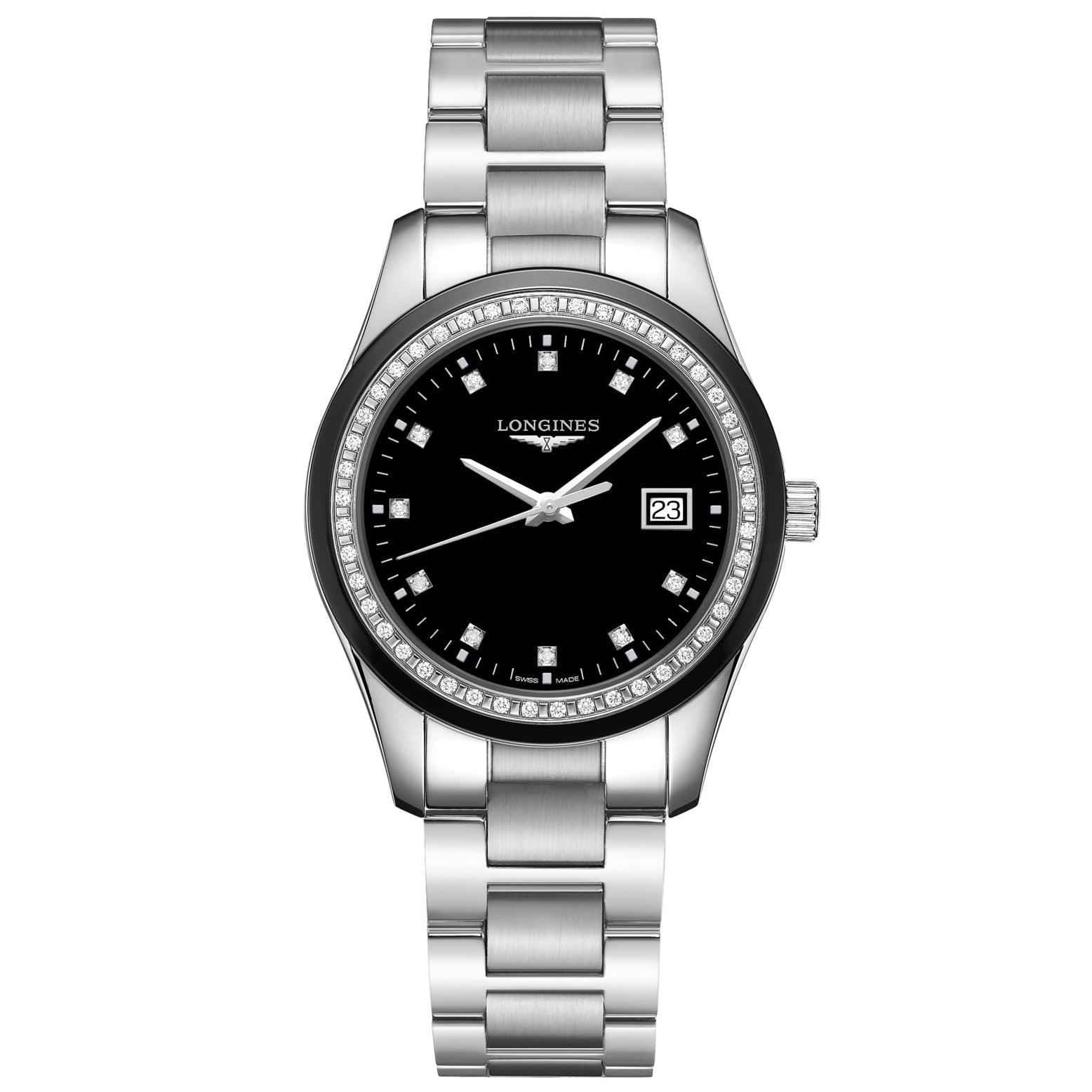 Orologio Conquest Longines in acciaio, quadrante nero, lunetta con diamanti e datario