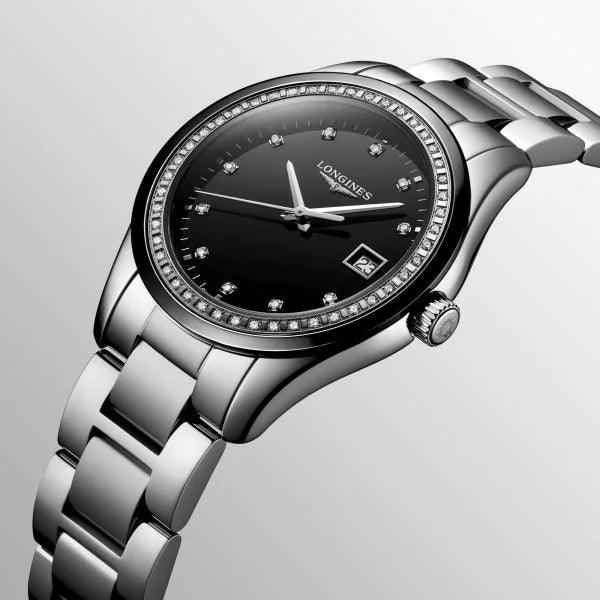 Orologio Conquest Longines in acciaio con lunetta diamantata, quadrante nero e datario