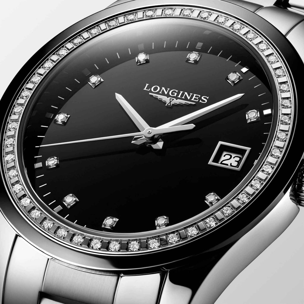 Orologio Conquest Longines con quadrante nero, indici brillanti, lunetta diamantata