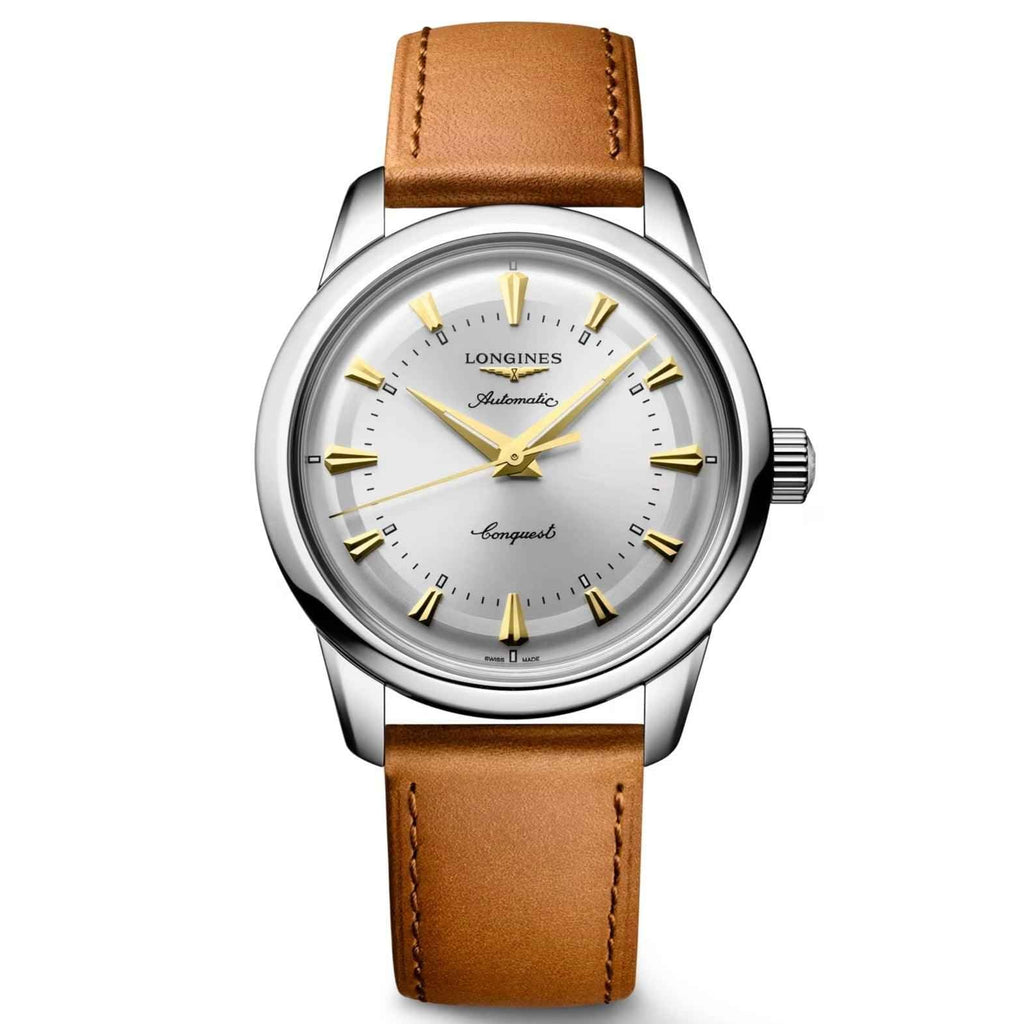 Orologio Conquest automatico 38mm: cinturino cuoio marrone e quadrante bianco dorato