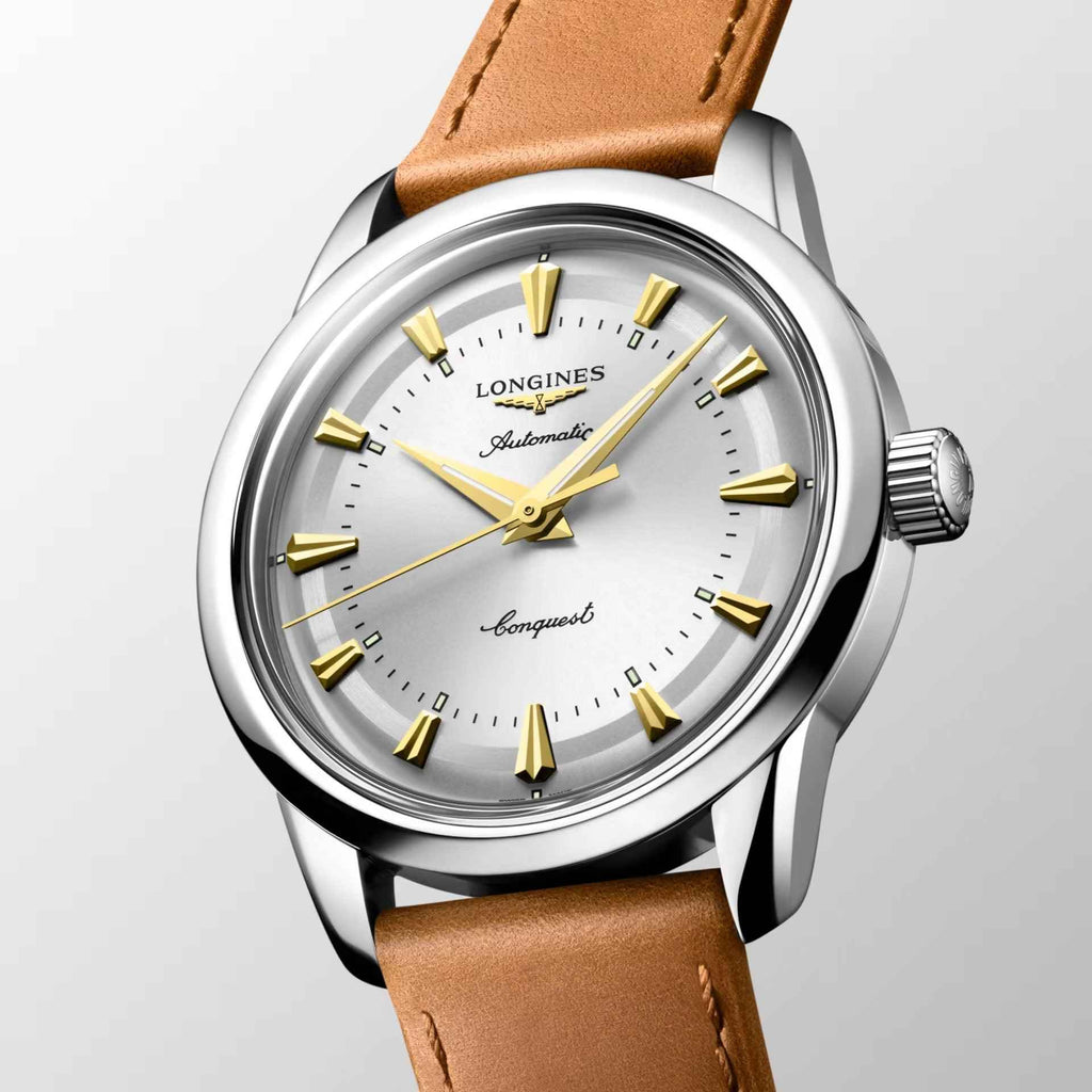 Orologio Conquest automatico 38mm: quadrante bianco, lancette oro e cinturino cuoio marrone