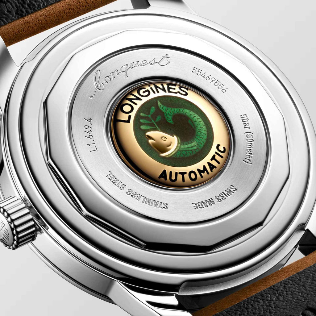 Fondello Conquest automatico con incisioni e scritta Longines, finitura in acciaio