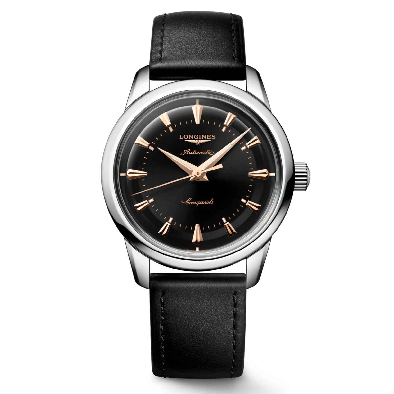 Orologio automatico Longines Conquest Heritage: quadrante nero, cinturino in pelle nera